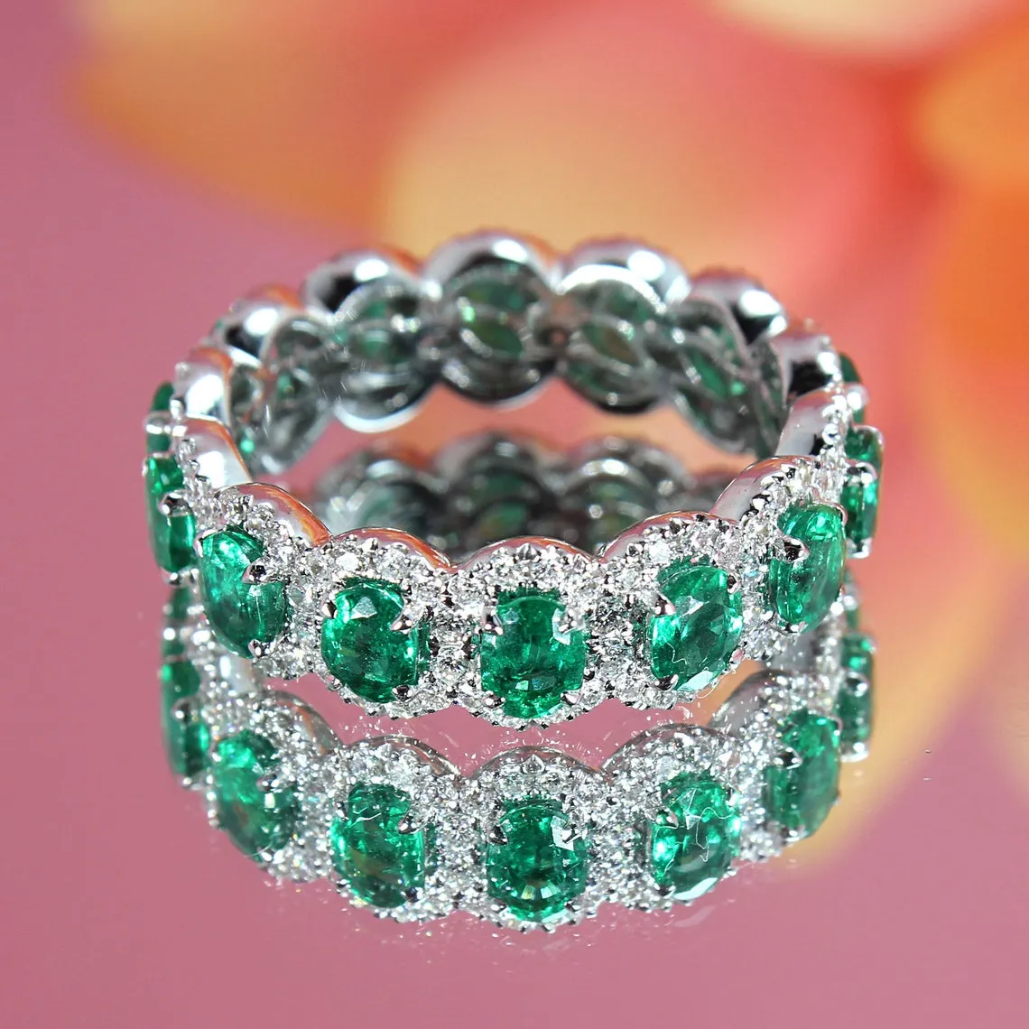 2.50 ct. Genuine Oval Emerald Eternity Ring With Diamond Halo