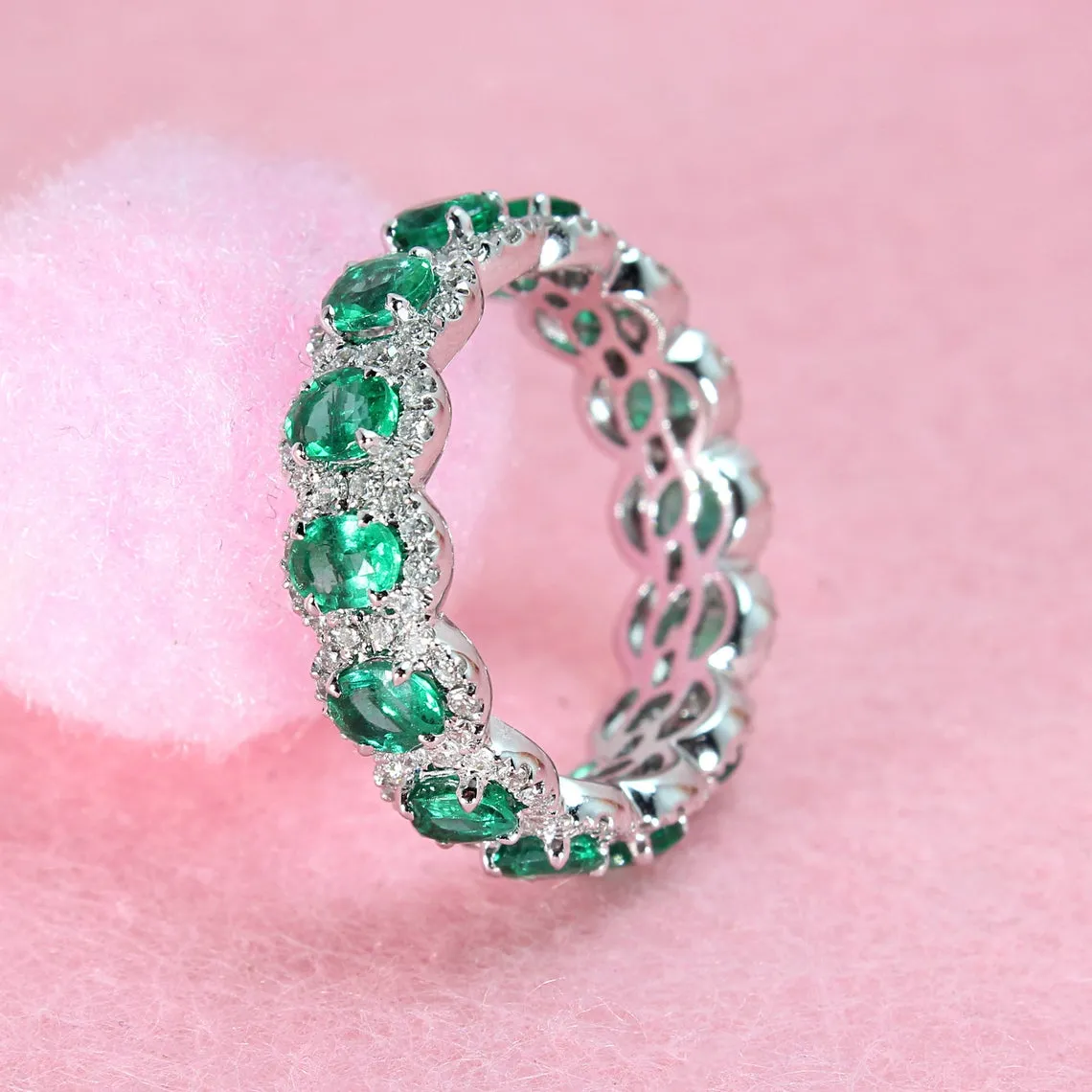 2.50 ct. Genuine Oval Emerald Eternity Ring With Diamond Halo