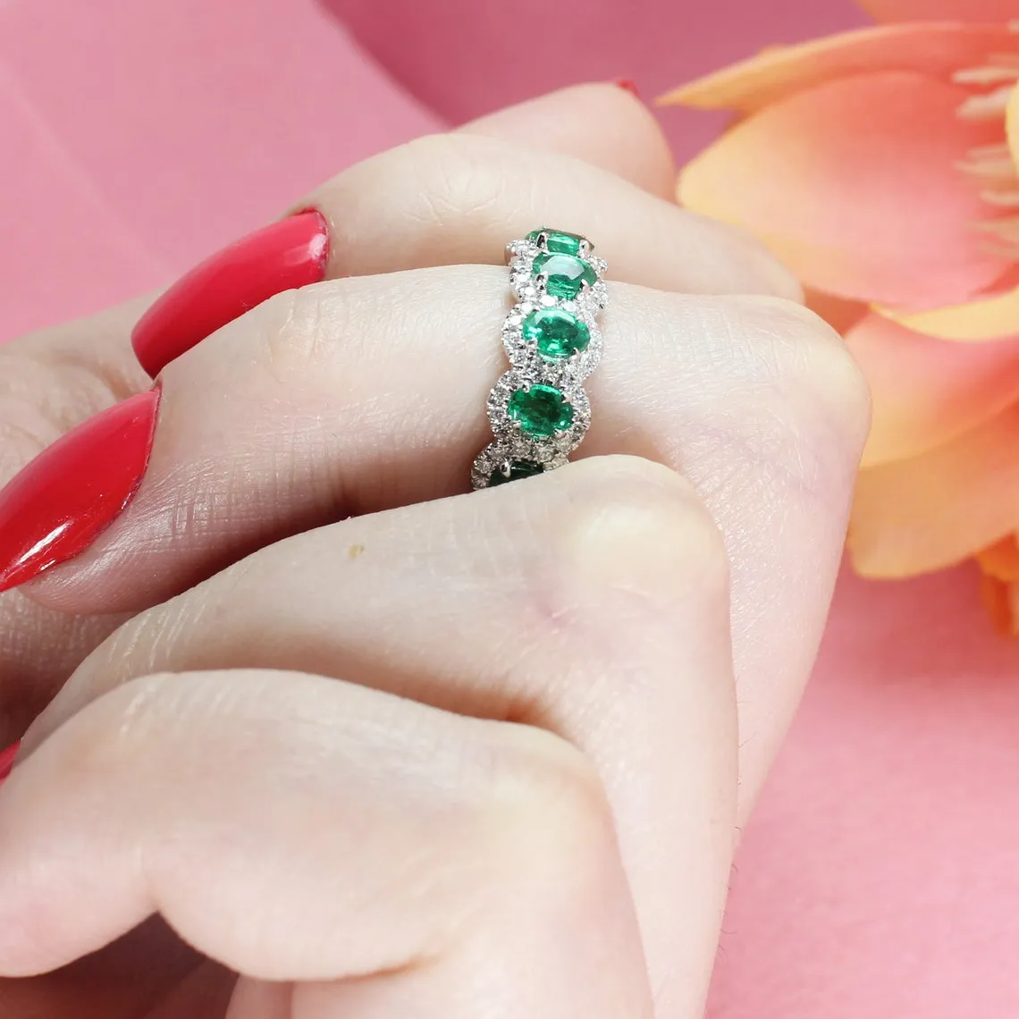 2.50 ct. Genuine Oval Emerald Eternity Ring With Diamond Halo