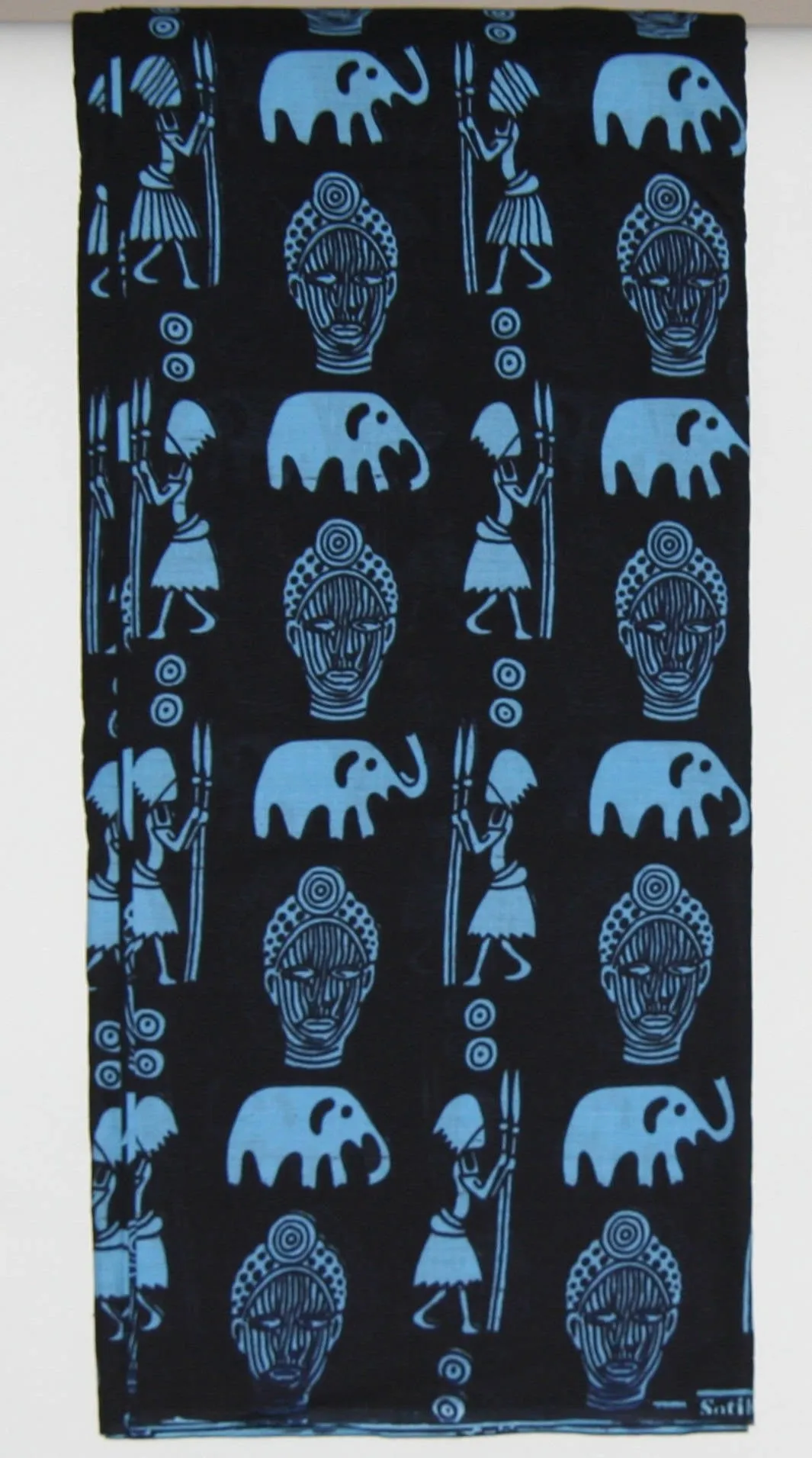 African Fabric 8 Yards Blue on Black Elephants, Masks, Elephants, Hunters with Spears Vintage Sotiba Made in Senegal