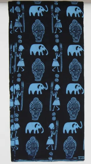 African Fabric 8 Yards Blue on Black Elephants, Masks, Elephants, Hunters with Spears Vintage Sotiba Made in Senegal