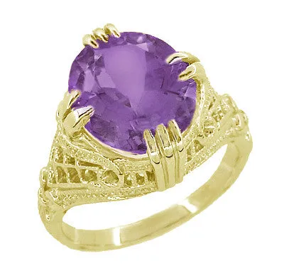 Amethyst Art Deco Filigree Ring in 14 Karat Yellow Gold