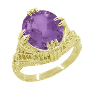 Amethyst Art Deco Filigree Ring in 14 Karat Yellow Gold