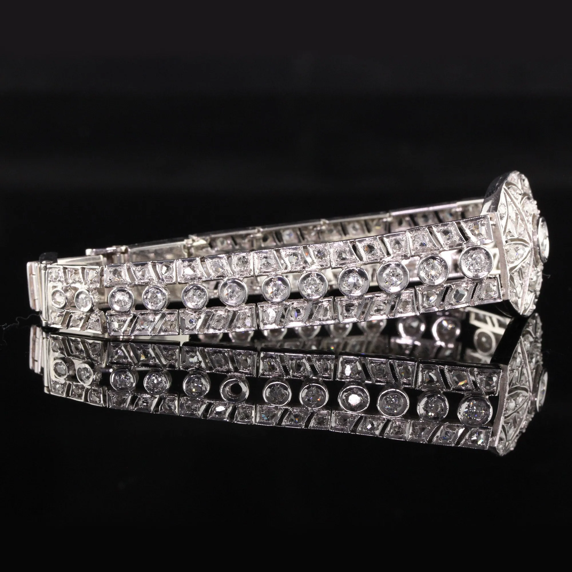 Antique Art Deco 14K White Gold Old Euro Rose Cut Diamond Filigree Bracelet