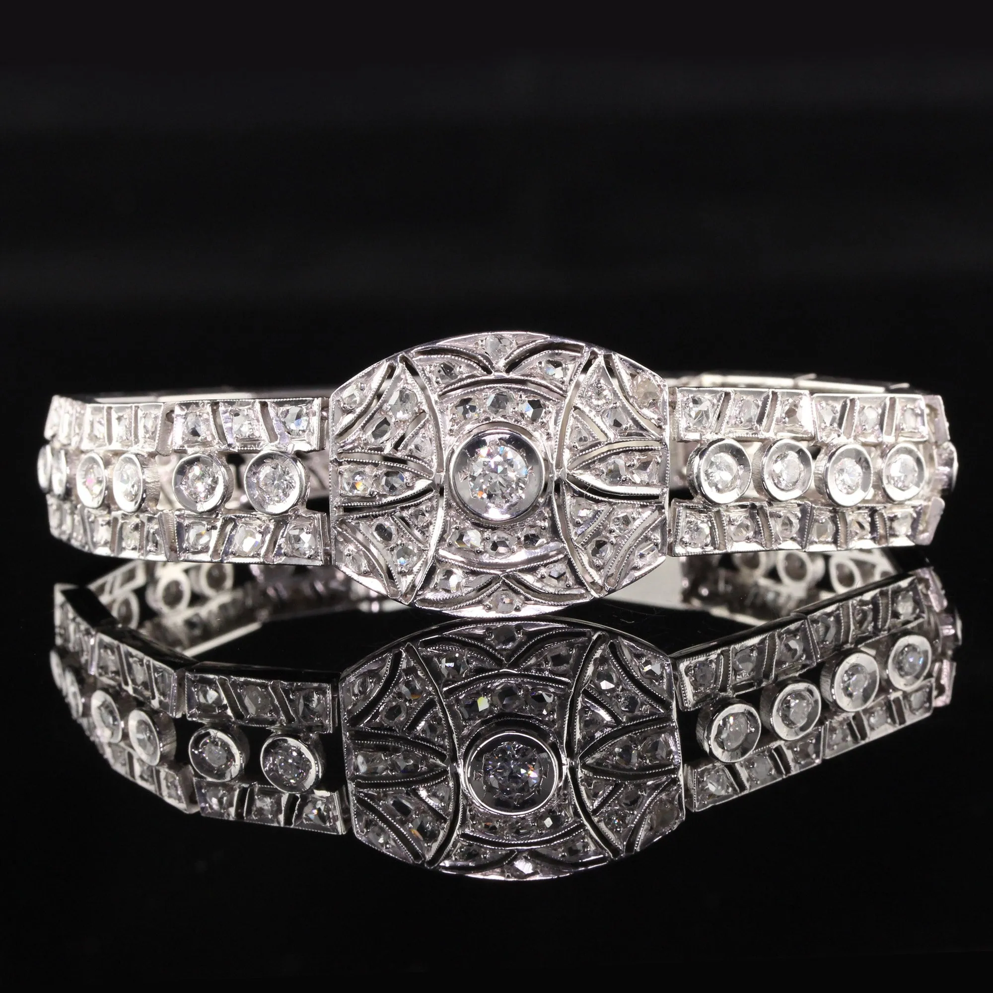 Antique Art Deco 14K White Gold Old Euro Rose Cut Diamond Filigree Bracelet