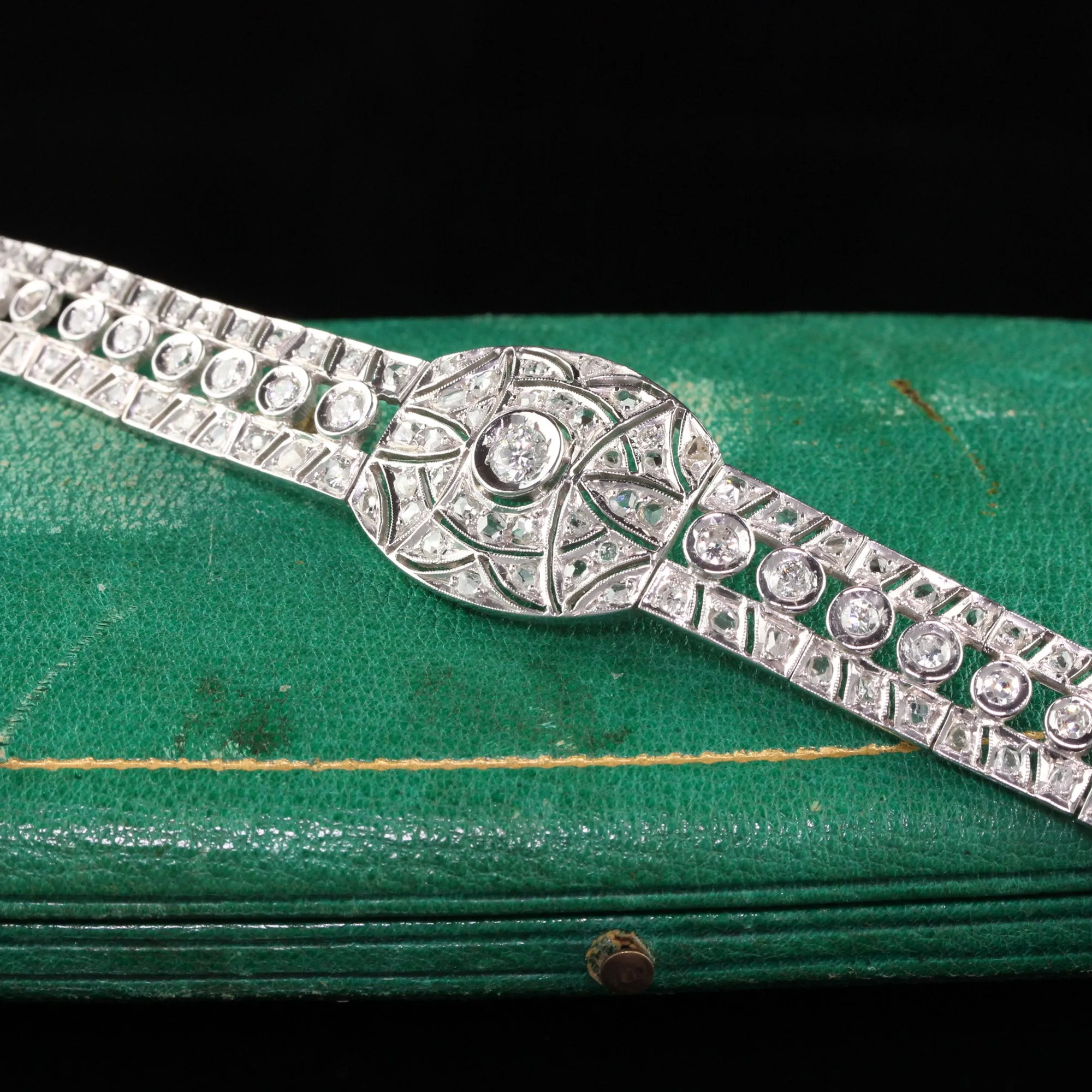 Antique Art Deco 14K White Gold Old Euro Rose Cut Diamond Filigree Bracelet