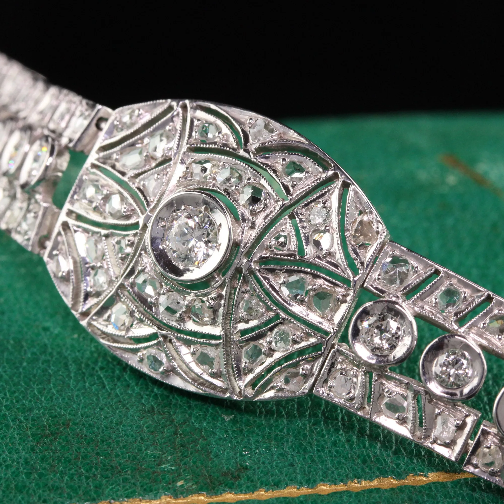 Antique Art Deco 14K White Gold Old Euro Rose Cut Diamond Filigree Bracelet