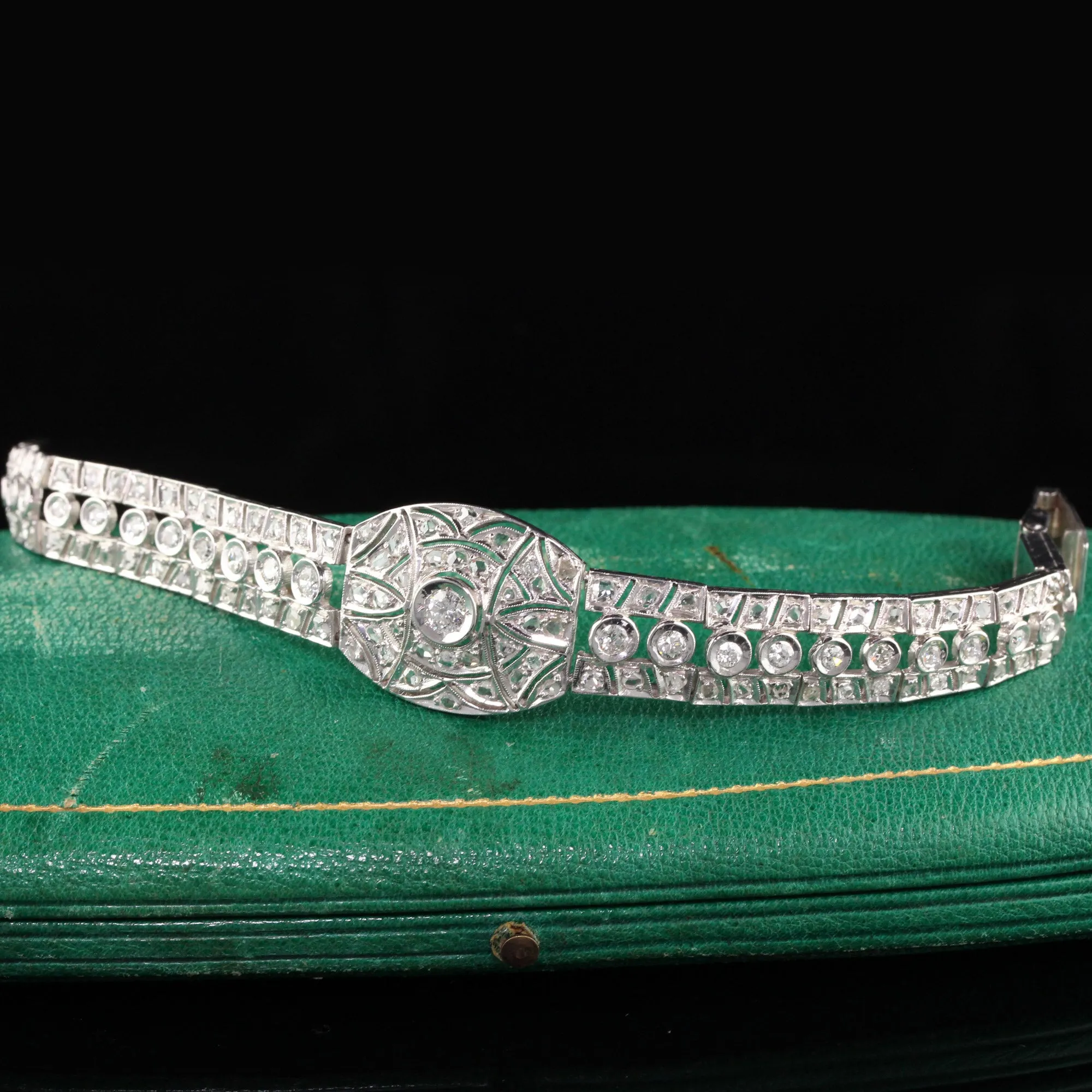 Antique Art Deco 14K White Gold Old Euro Rose Cut Diamond Filigree Bracelet