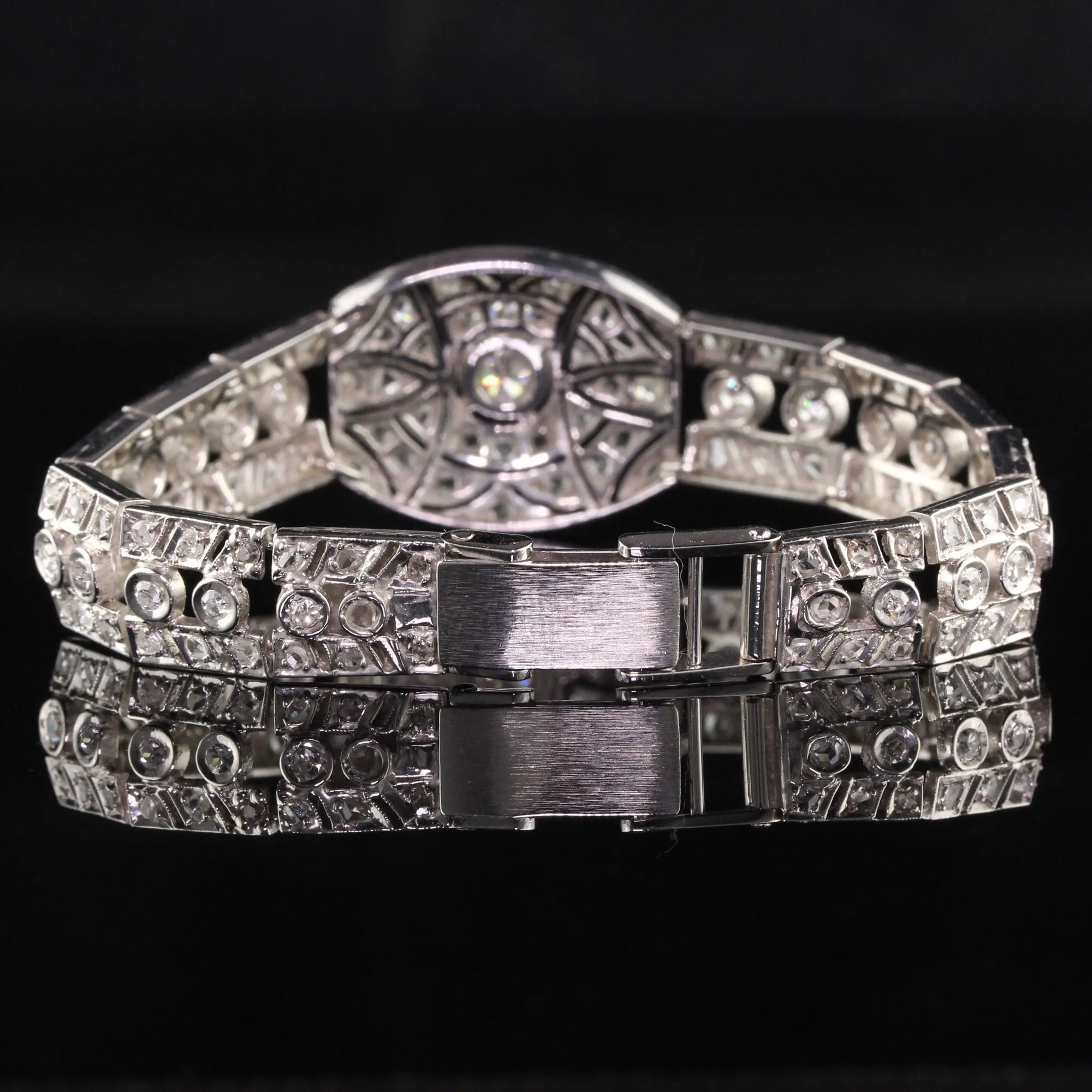 Antique Art Deco 14K White Gold Old Euro Rose Cut Diamond Filigree Bracelet