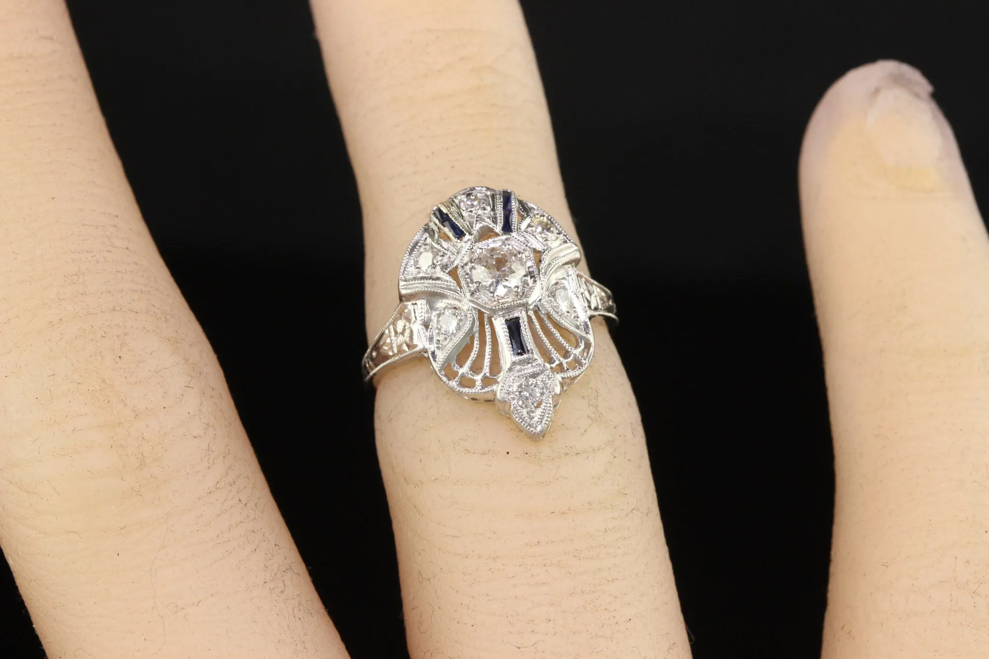 Antique Art Deco Platinum Old European Cut Diamond and Sapphire Cocktail Ring