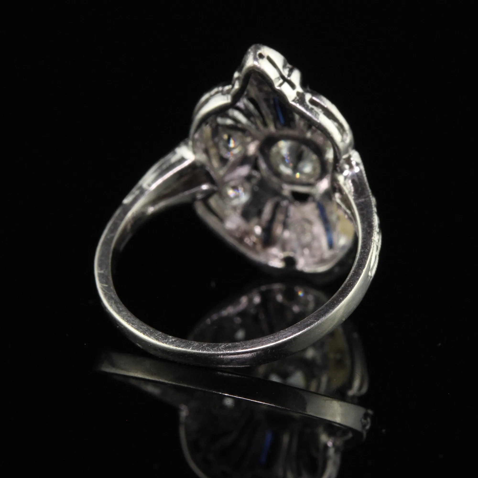 Antique Art Deco Platinum Old European Cut Diamond and Sapphire Cocktail Ring