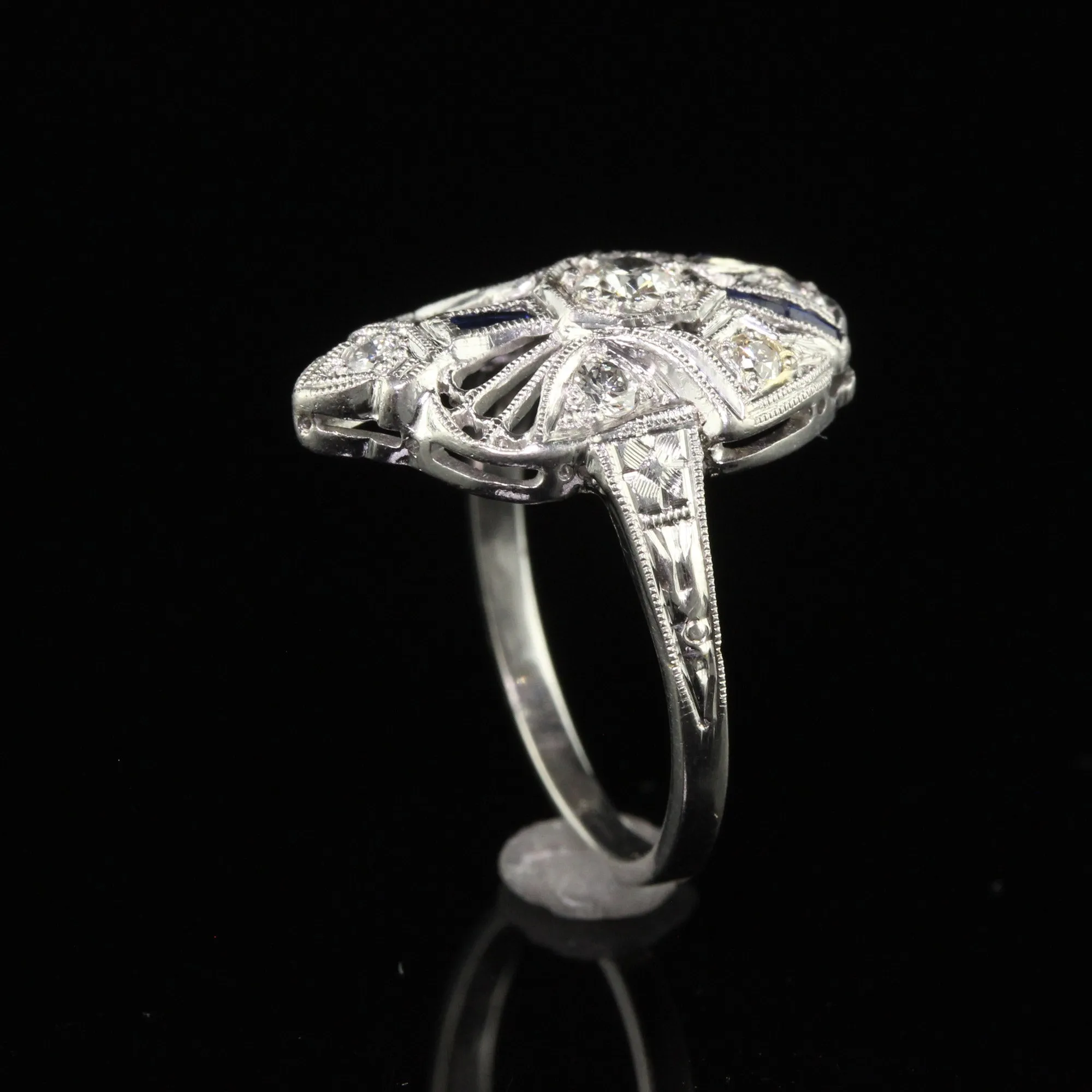 Antique Art Deco Platinum Old European Cut Diamond and Sapphire Cocktail Ring