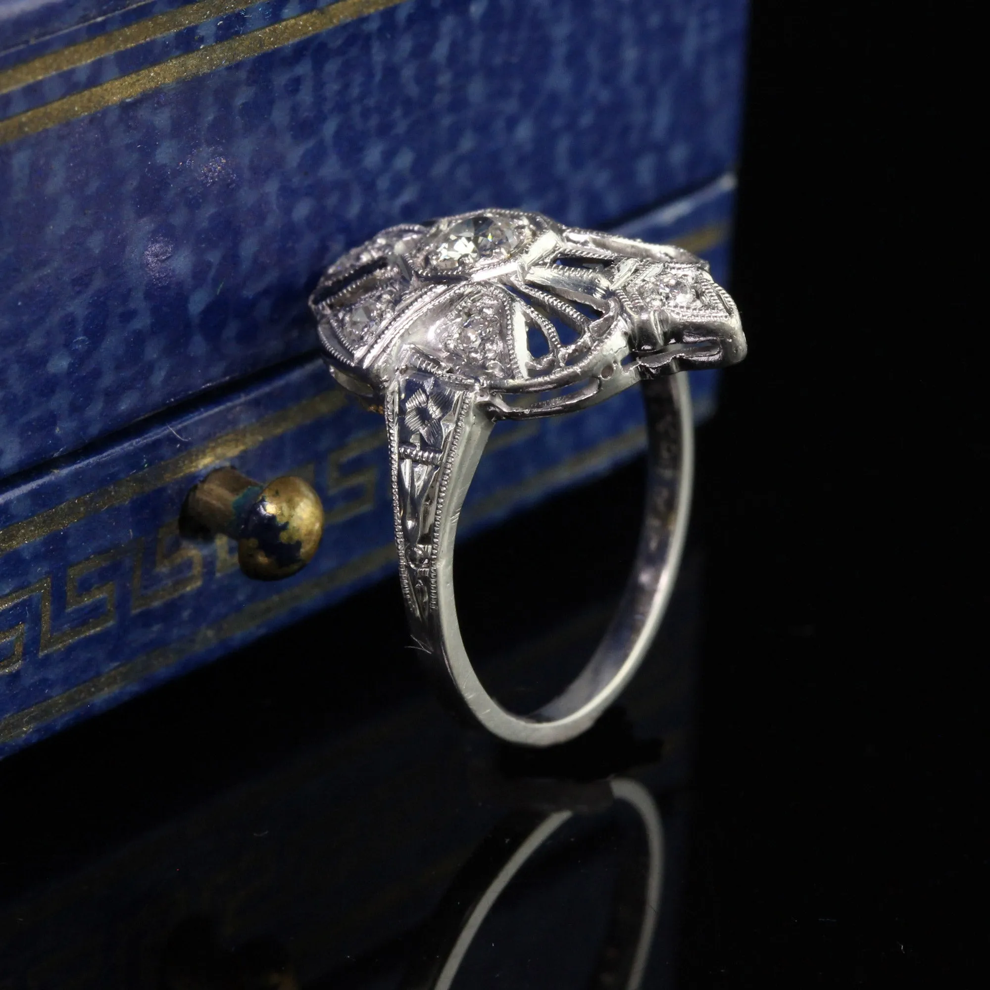 Antique Art Deco Platinum Old European Cut Diamond and Sapphire Cocktail Ring