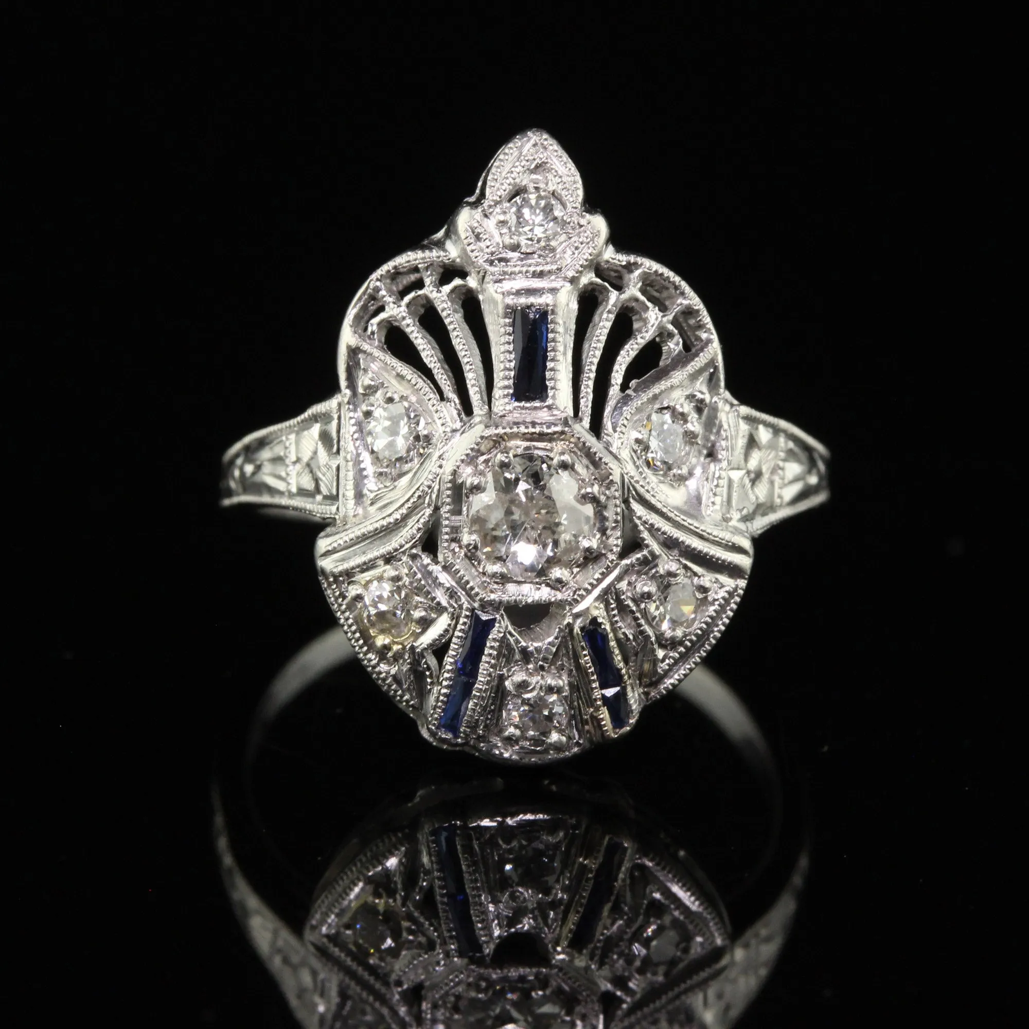 Antique Art Deco Platinum Old European Cut Diamond and Sapphire Cocktail Ring