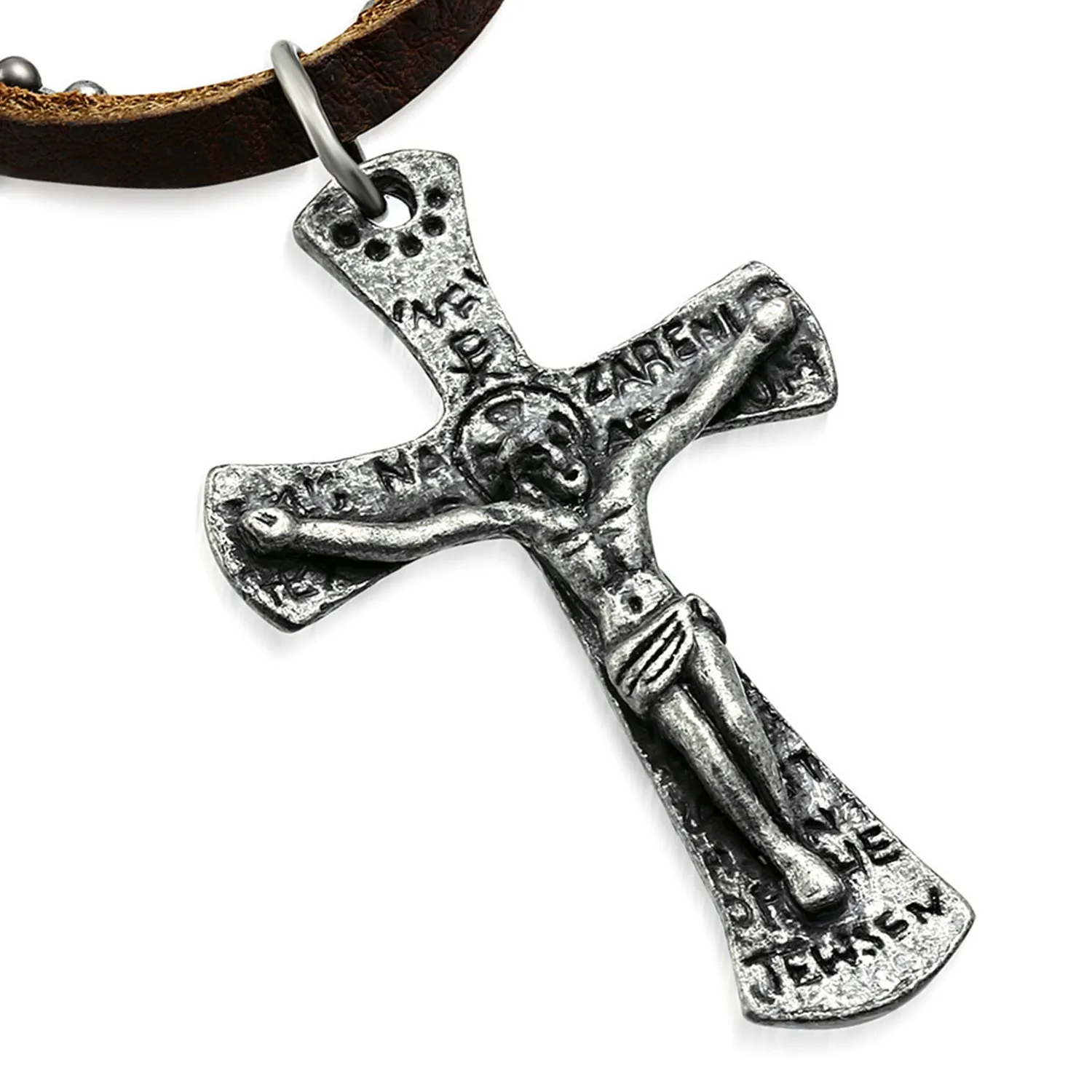 Antique Vintage Jesus on the Cross Genuine Brown Leather Military Ball Chain Necklace