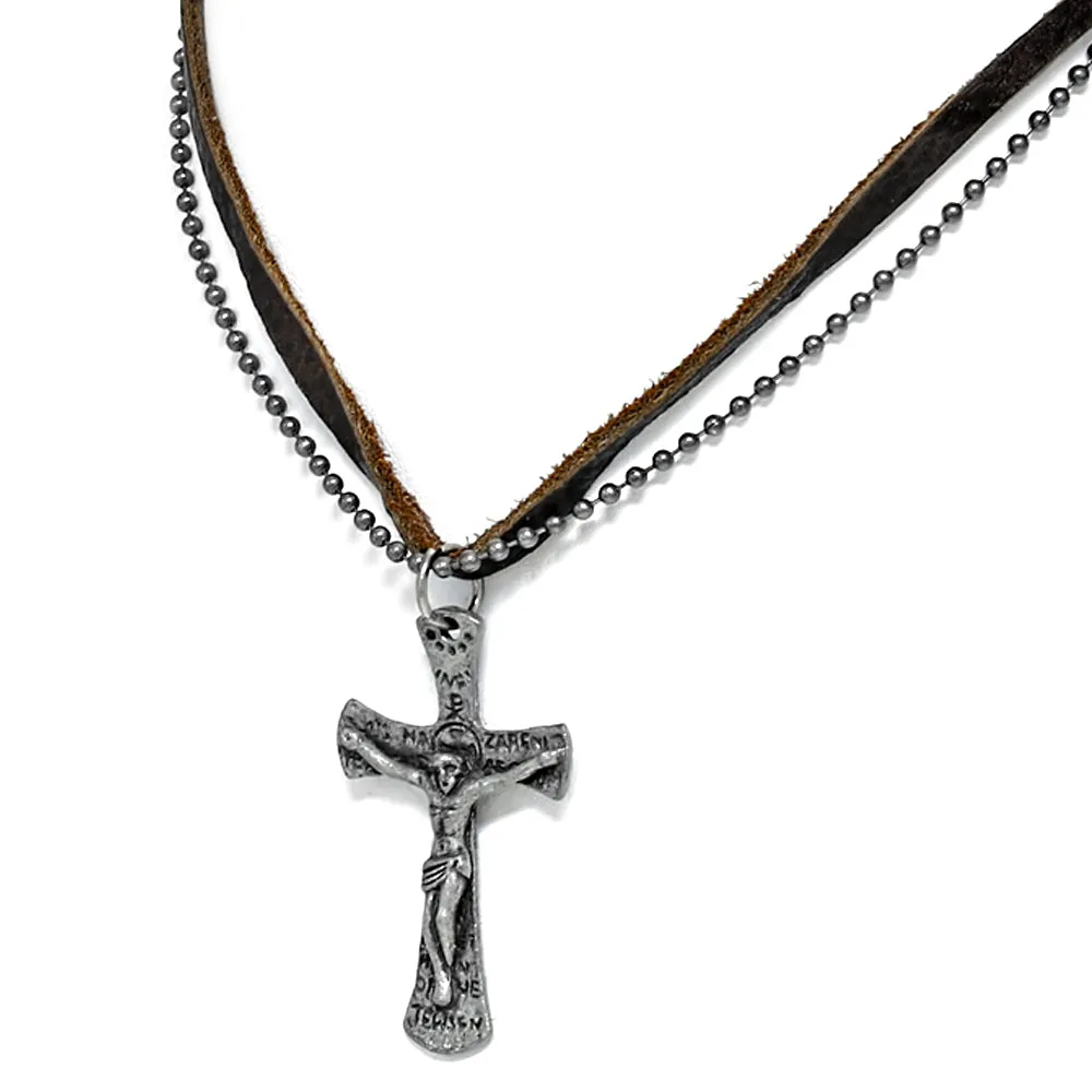 Antique Vintage Jesus on the Cross Genuine Brown Leather Military Ball Chain Necklace