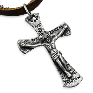 Antique Vintage Jesus on the Cross Genuine Brown Leather Military Ball Chain Necklace