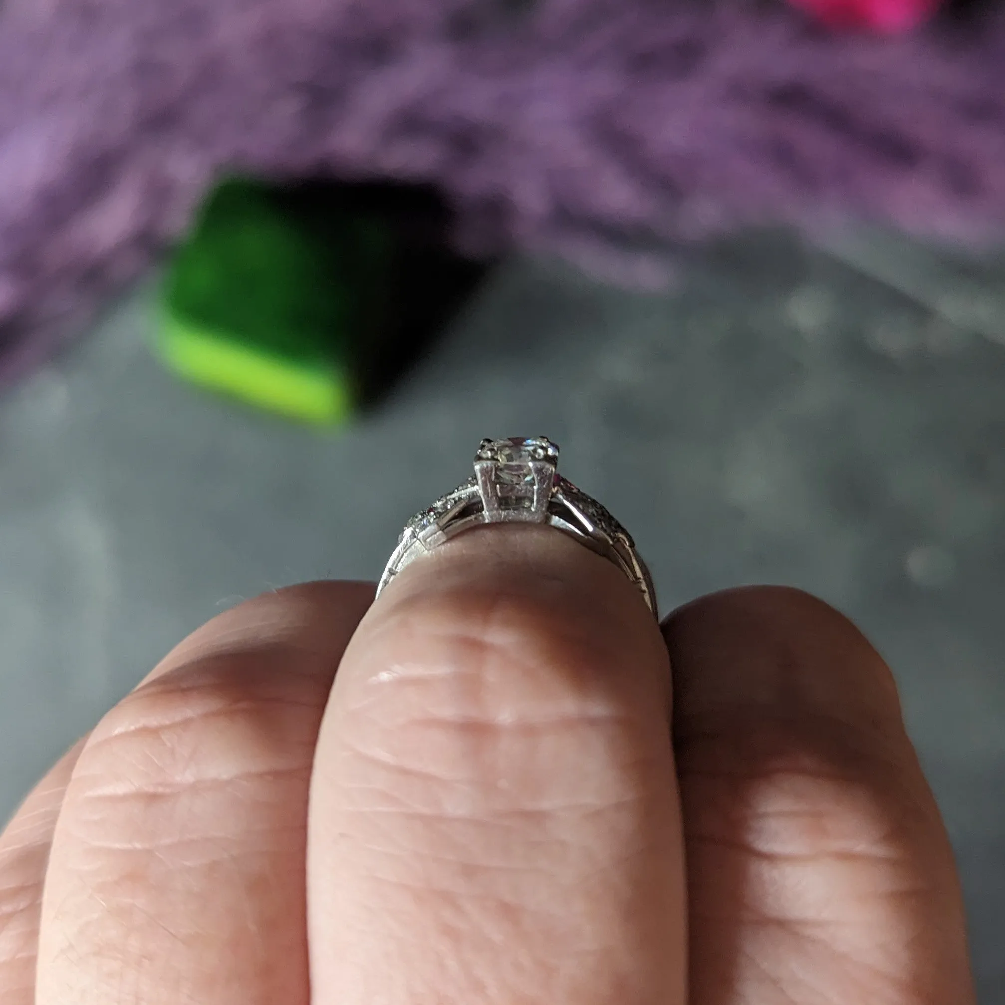Art Deco 0.64 CTW Transitional Cut Diamond Platinum Buckle Engagement Ring
