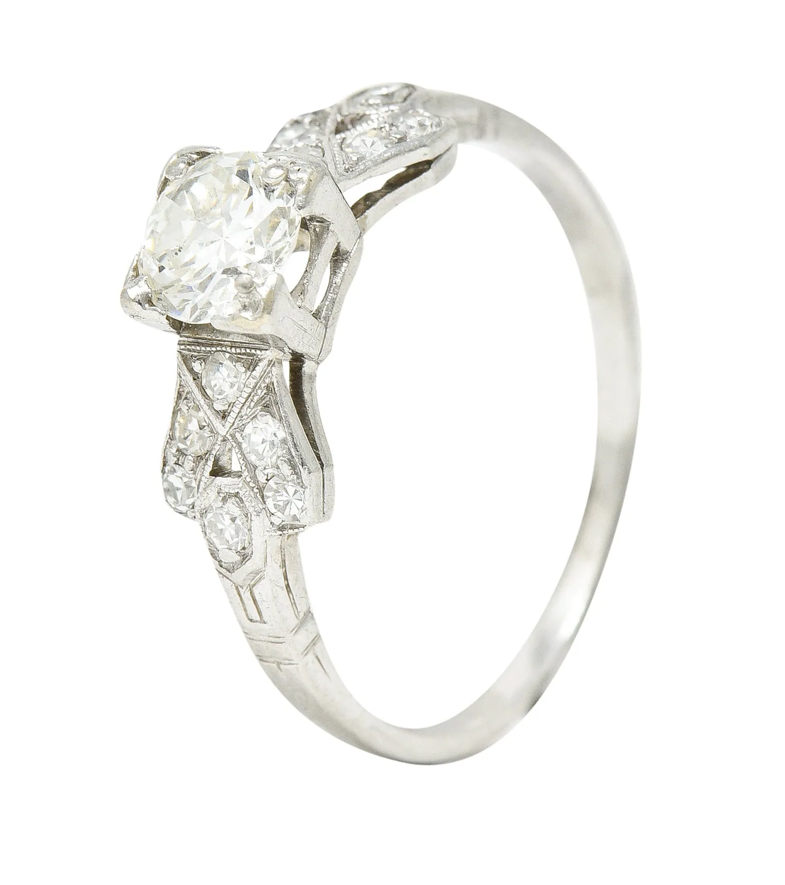 Art Deco 0.64 CTW Transitional Cut Diamond Platinum Buckle Engagement Ring