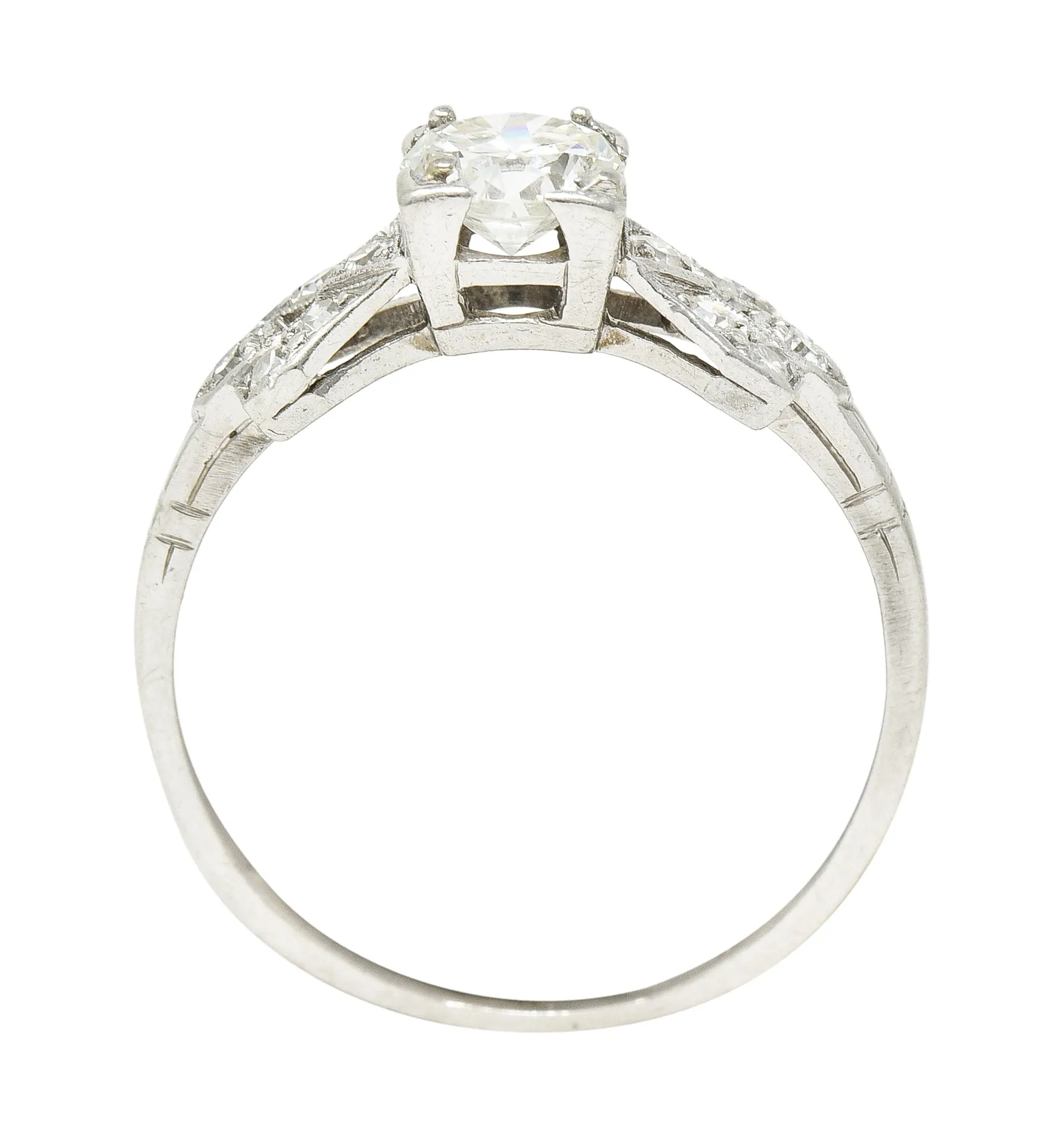 Art Deco 0.64 CTW Transitional Cut Diamond Platinum Buckle Engagement Ring
