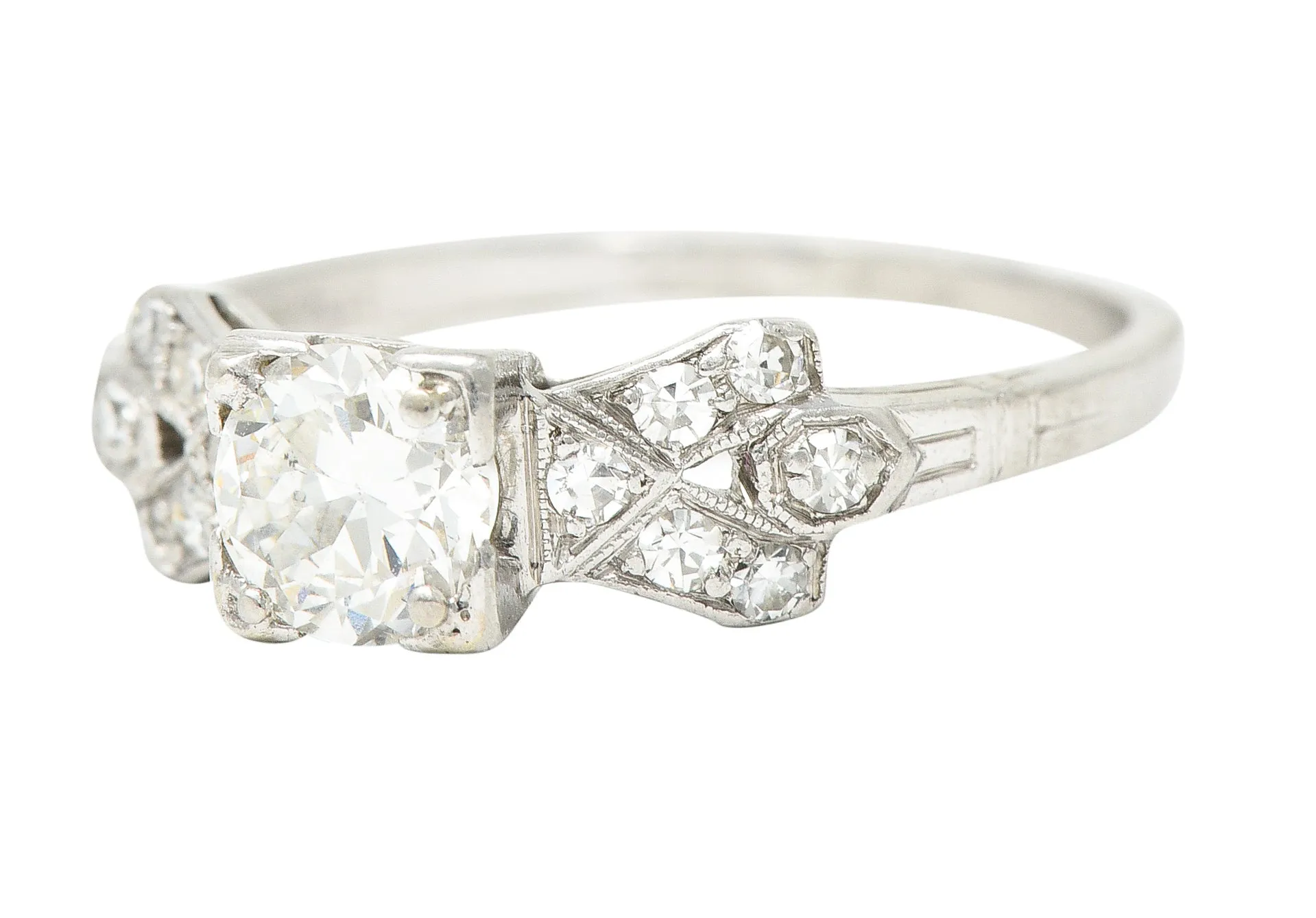Art Deco 0.64 CTW Transitional Cut Diamond Platinum Buckle Engagement Ring