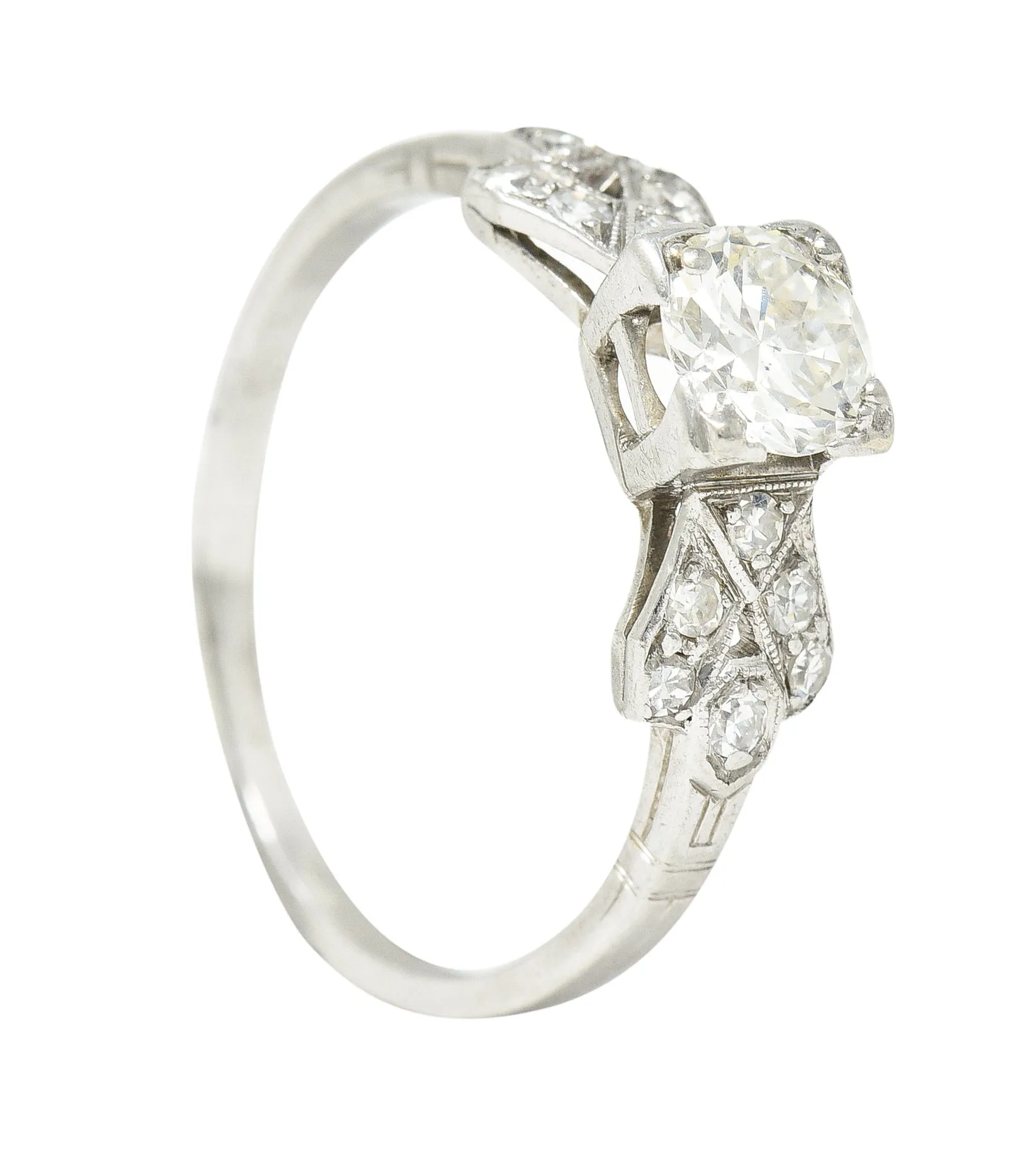 Art Deco 0.64 CTW Transitional Cut Diamond Platinum Buckle Engagement Ring