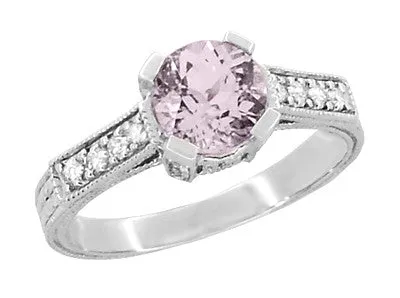 Art Deco 1 Carat Pink Tourmaline Castle Engagement Ring in 18 Karat White Gold