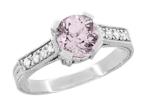 Art Deco 1 Carat Pink Tourmaline Castle Engagement Ring in 18 Karat White Gold