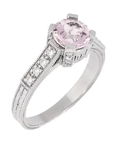 Art Deco 1 Carat Pink Tourmaline Castle Engagement Ring in 18 Karat White Gold