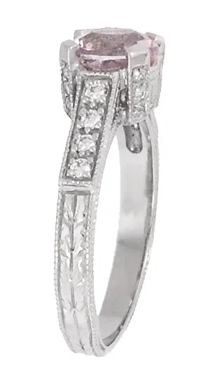Art Deco 1 Carat Pink Tourmaline Castle Engagement Ring in 18 Karat White Gold