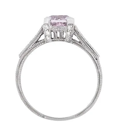 Art Deco 1 Carat Pink Tourmaline Castle Engagement Ring in 18 Karat White Gold