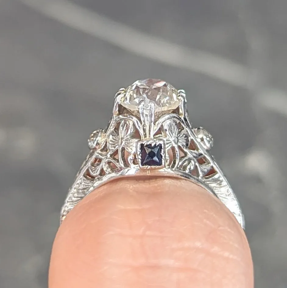 Art Deco 1.27 CTW European Diamond Sapphire 18 Karat White Gold Engagement Ring