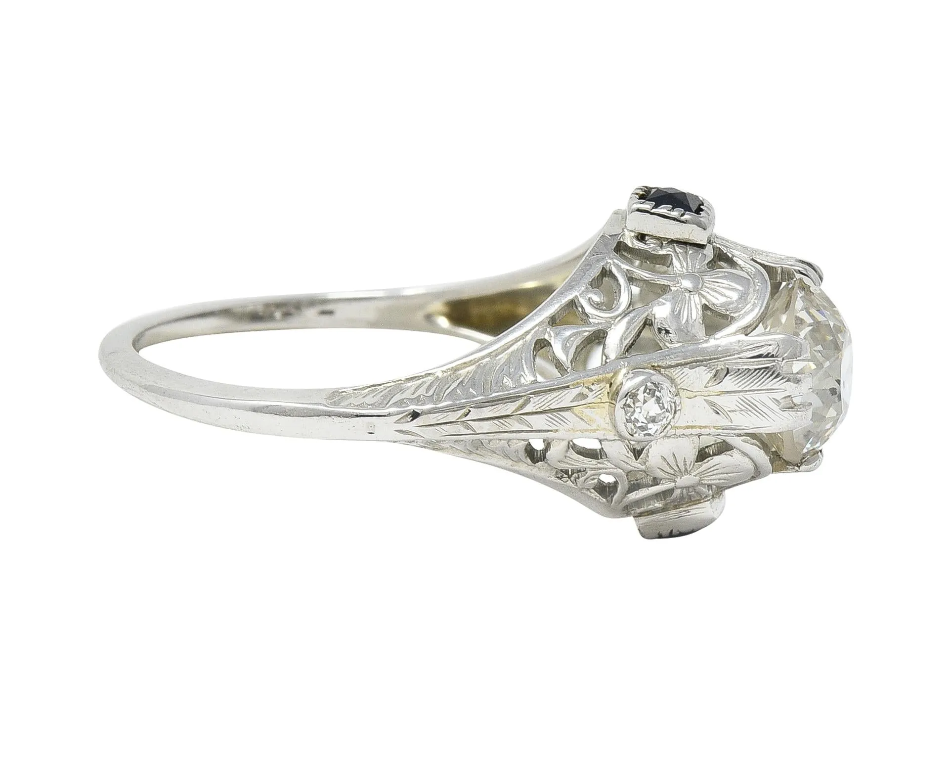 Art Deco 1.27 CTW European Diamond Sapphire 18 Karat White Gold Engagement Ring