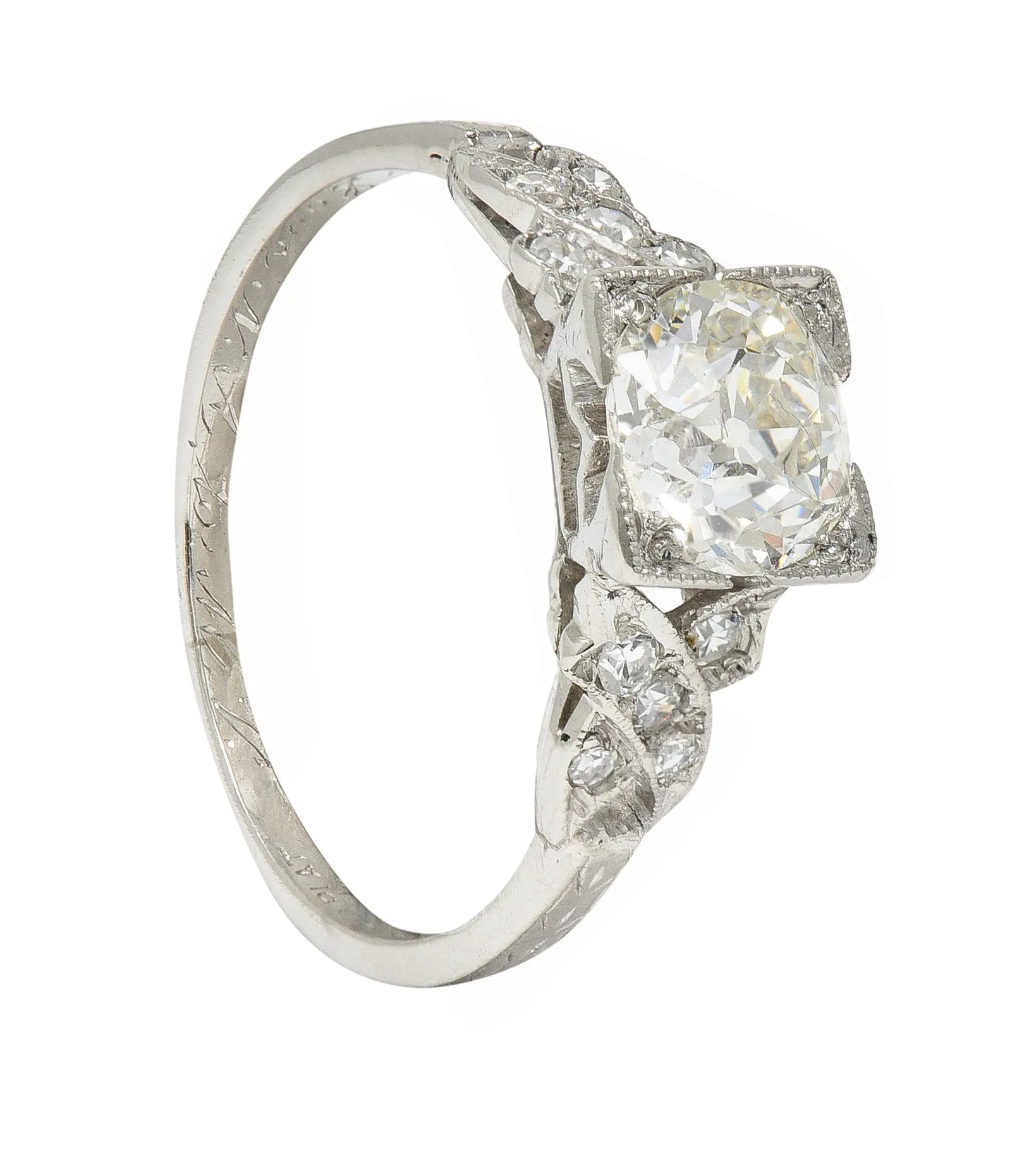 Art Deco 1.37 CTW Old European Diamond Platinum Ribbon Vintage Engagement Ring GIA