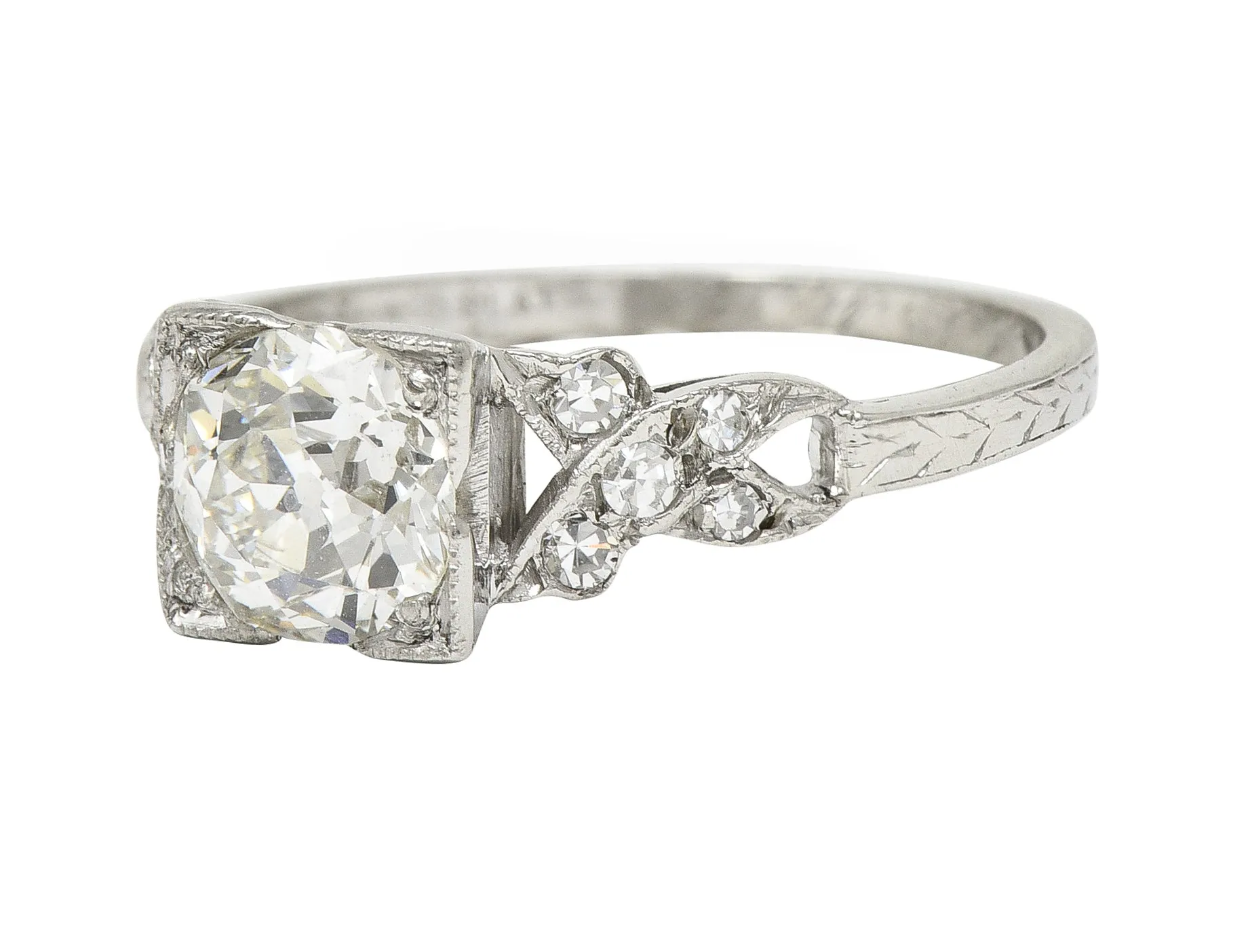 Art Deco 1.37 CTW Old European Diamond Platinum Ribbon Vintage Engagement Ring GIA