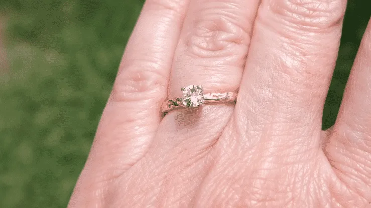 Art Deco 14 Karat Rose Gold Sculptural Scrolls White Sapphire Solitaire Engagement Ring