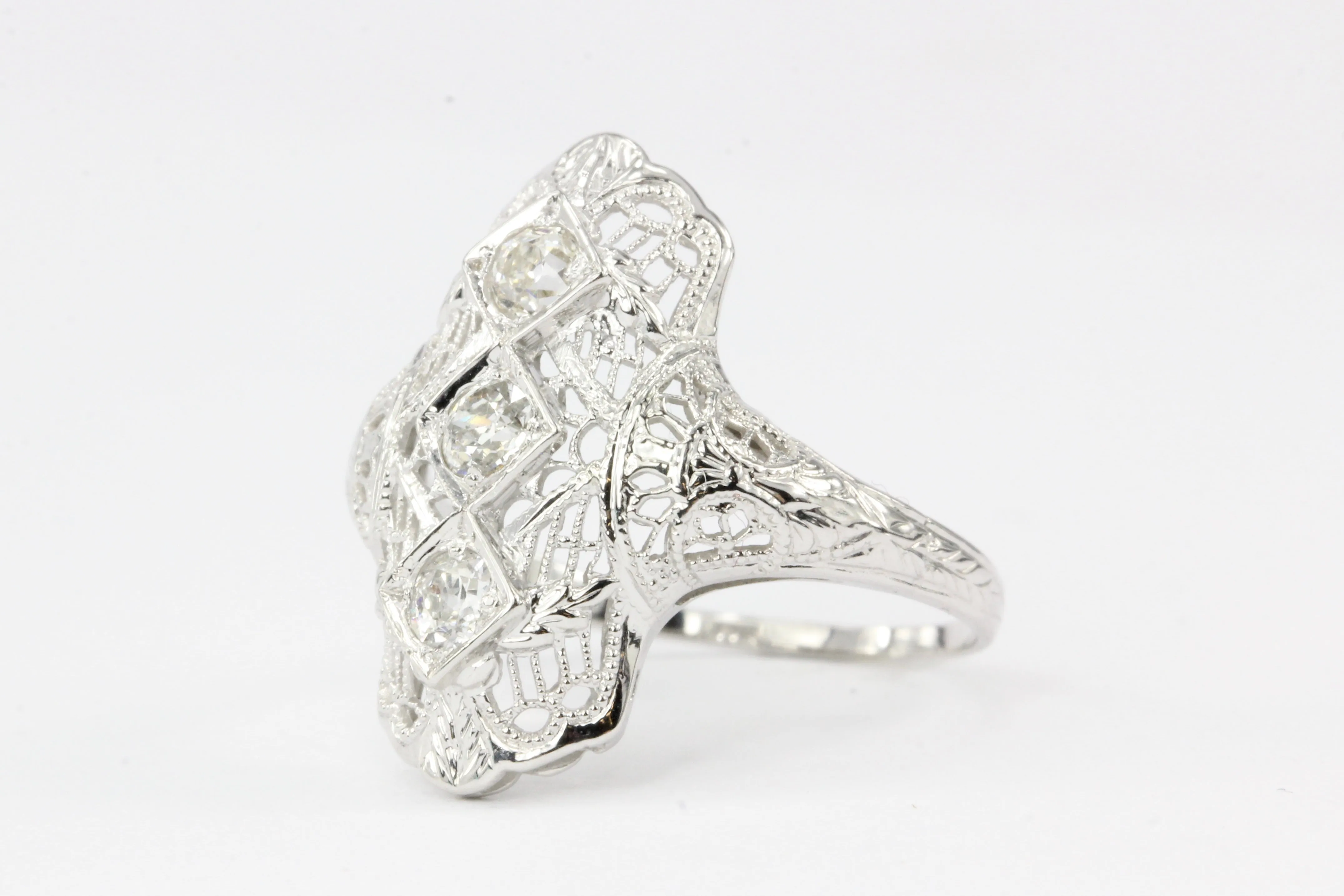 Art Deco 18K White Gold .25 CTW Diamond Shield Ring