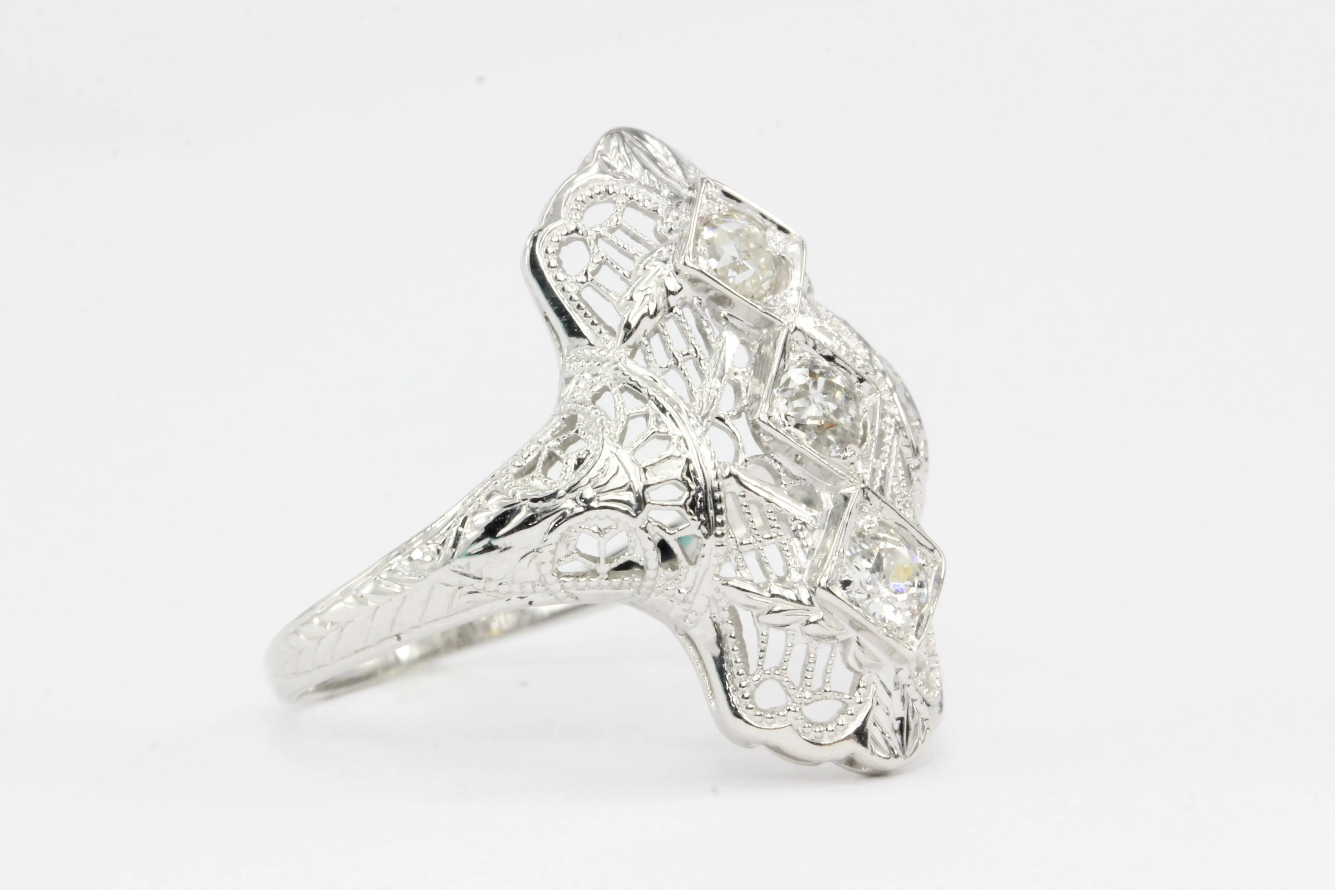Art Deco 18K White Gold .25 CTW Diamond Shield Ring