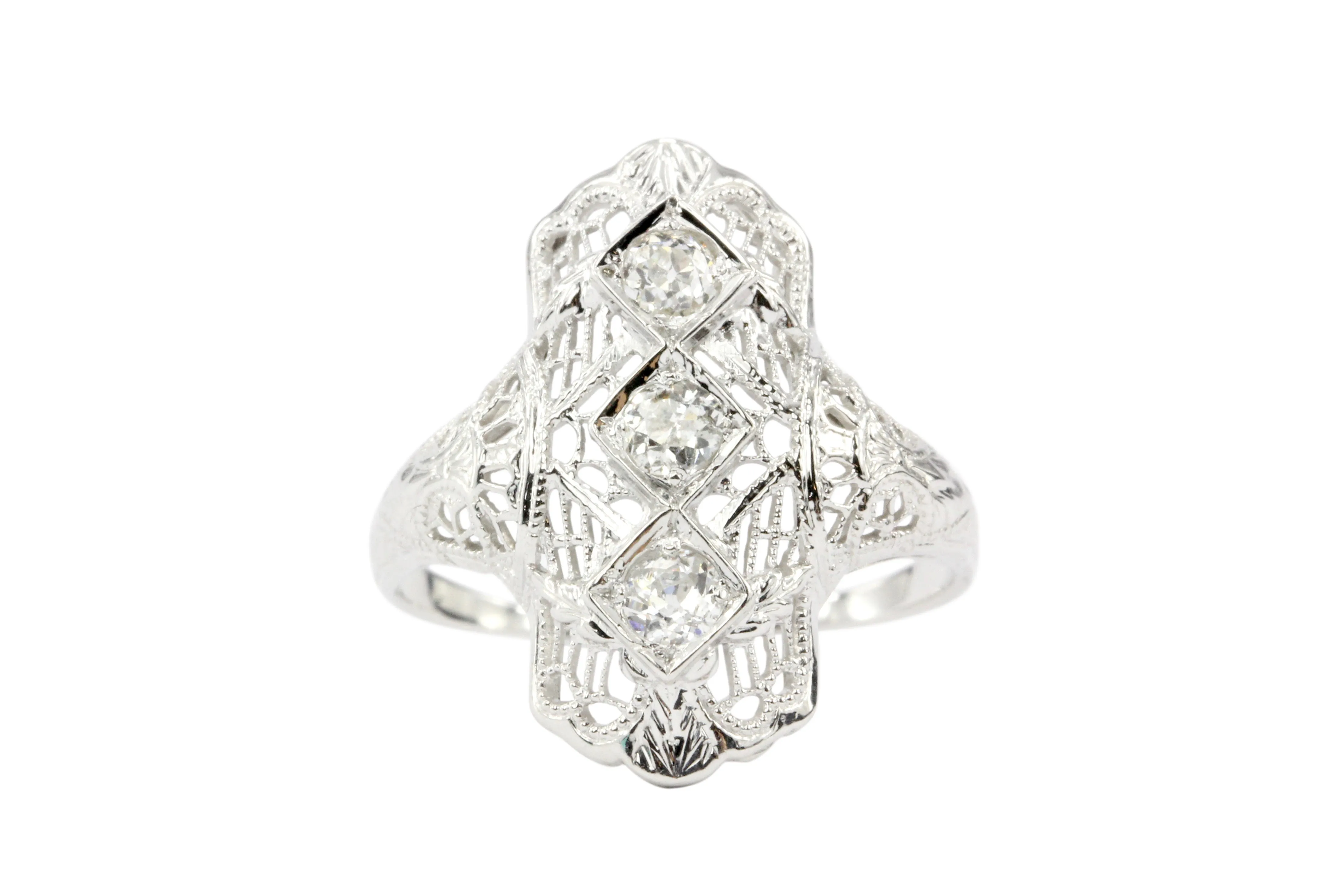 Art Deco 18K White Gold .25 CTW Diamond Shield Ring
