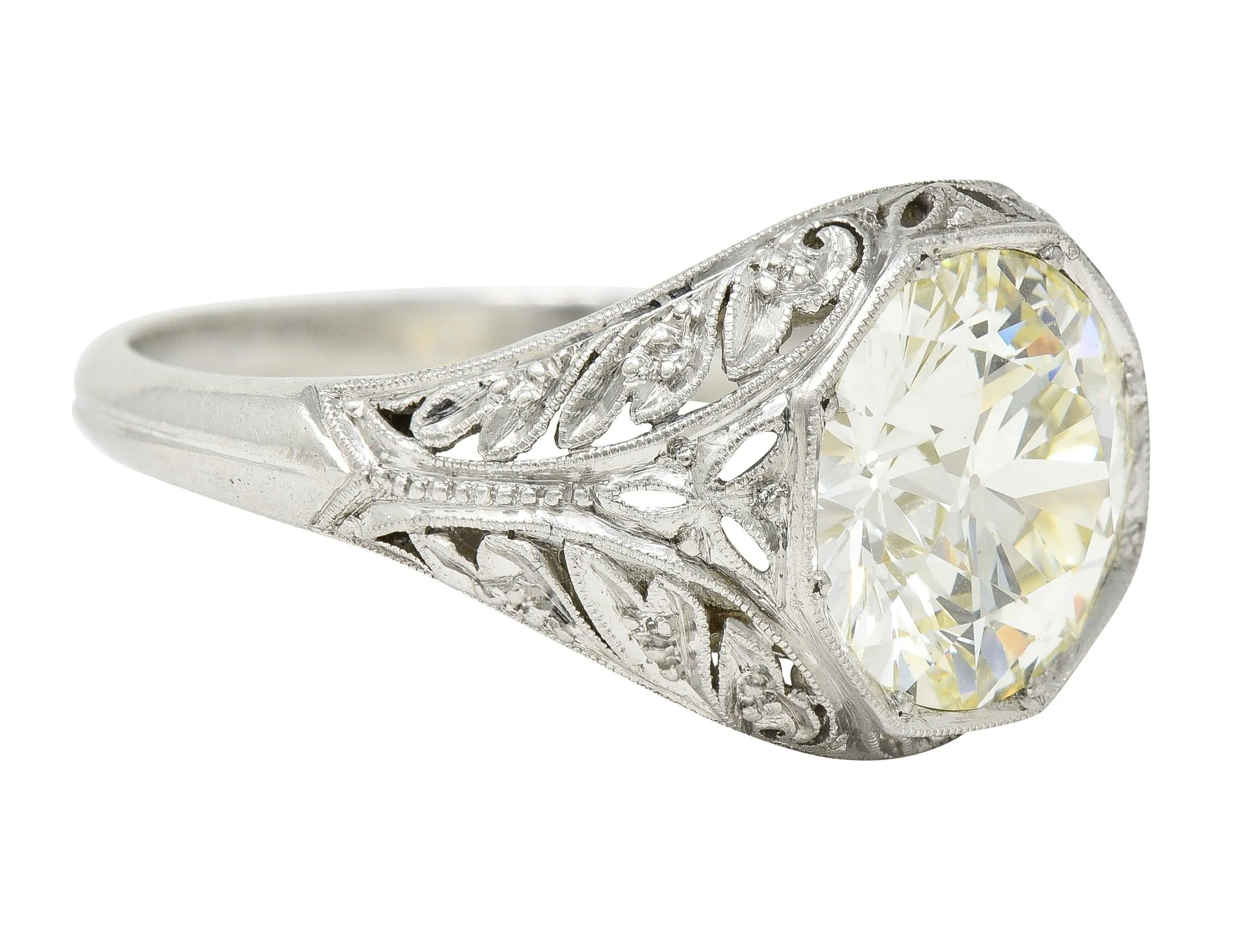 Art Deco 3.03 CTW Old European Cut Diamond Platinum Scrolling Foliate Vintage Engagement Ring GIA