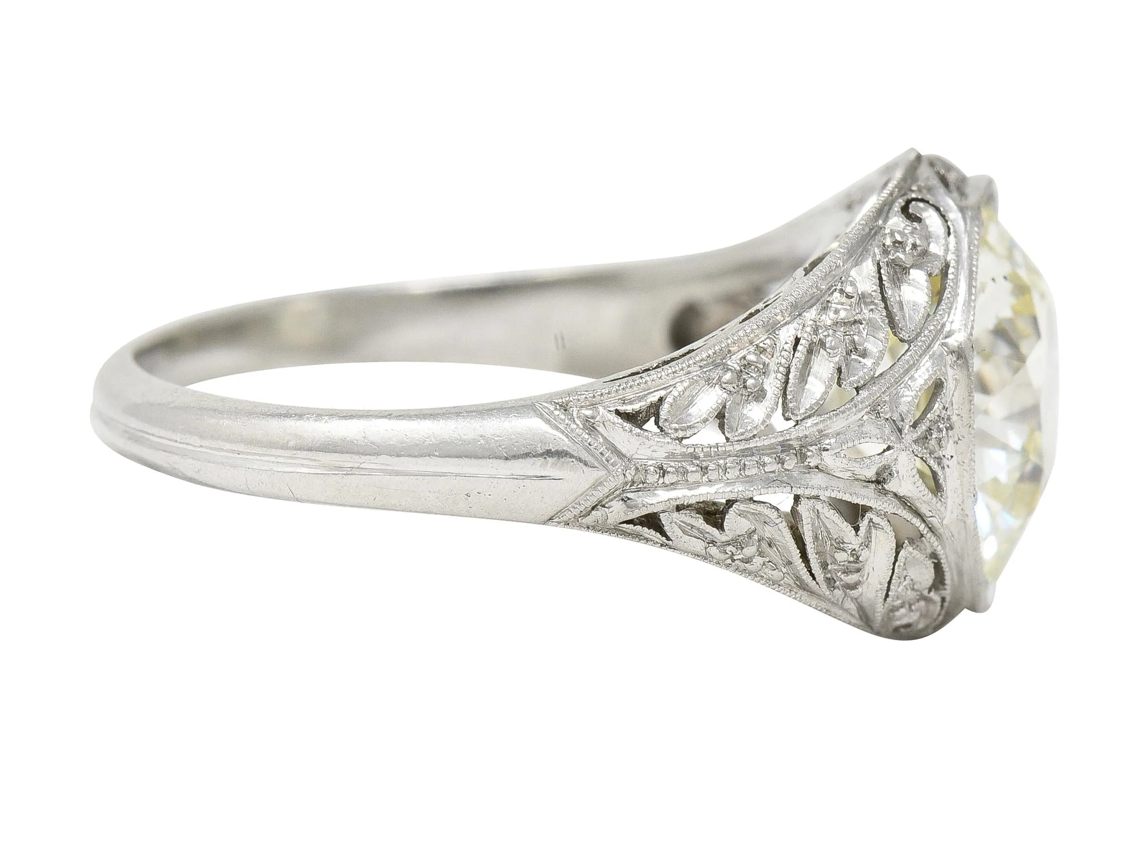 Art Deco 3.03 CTW Old European Cut Diamond Platinum Scrolling Foliate Vintage Engagement Ring GIA