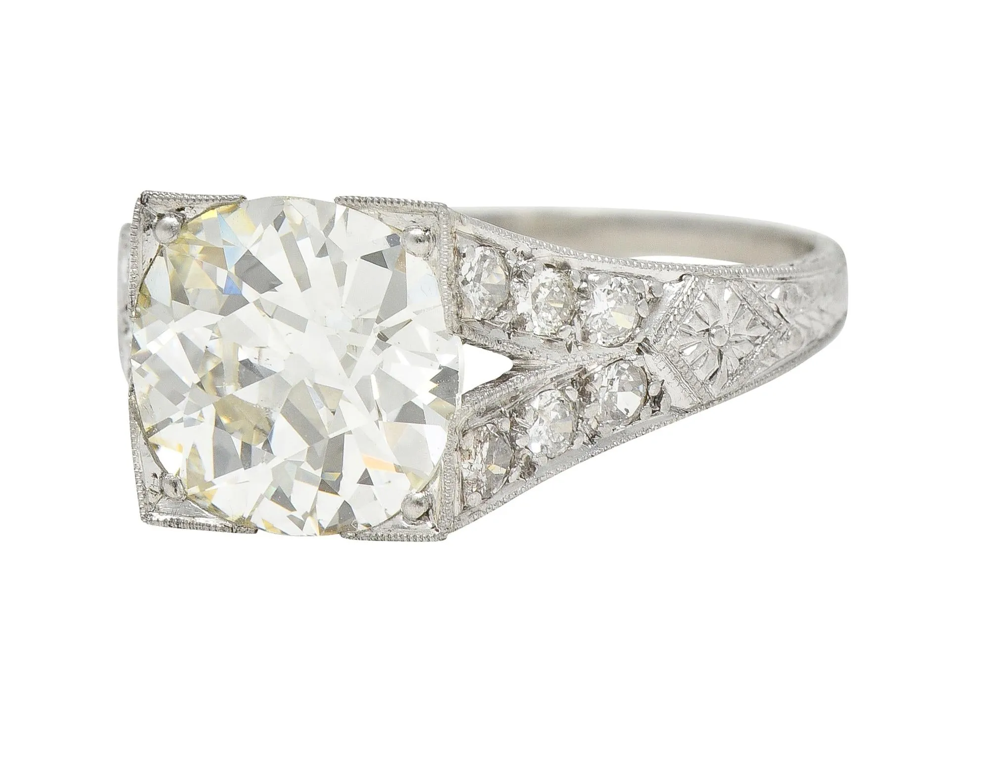 Art Deco 3.45 CTW Old European Cut Diamond Platinum Wheat Vintage Engagement Ring GIA