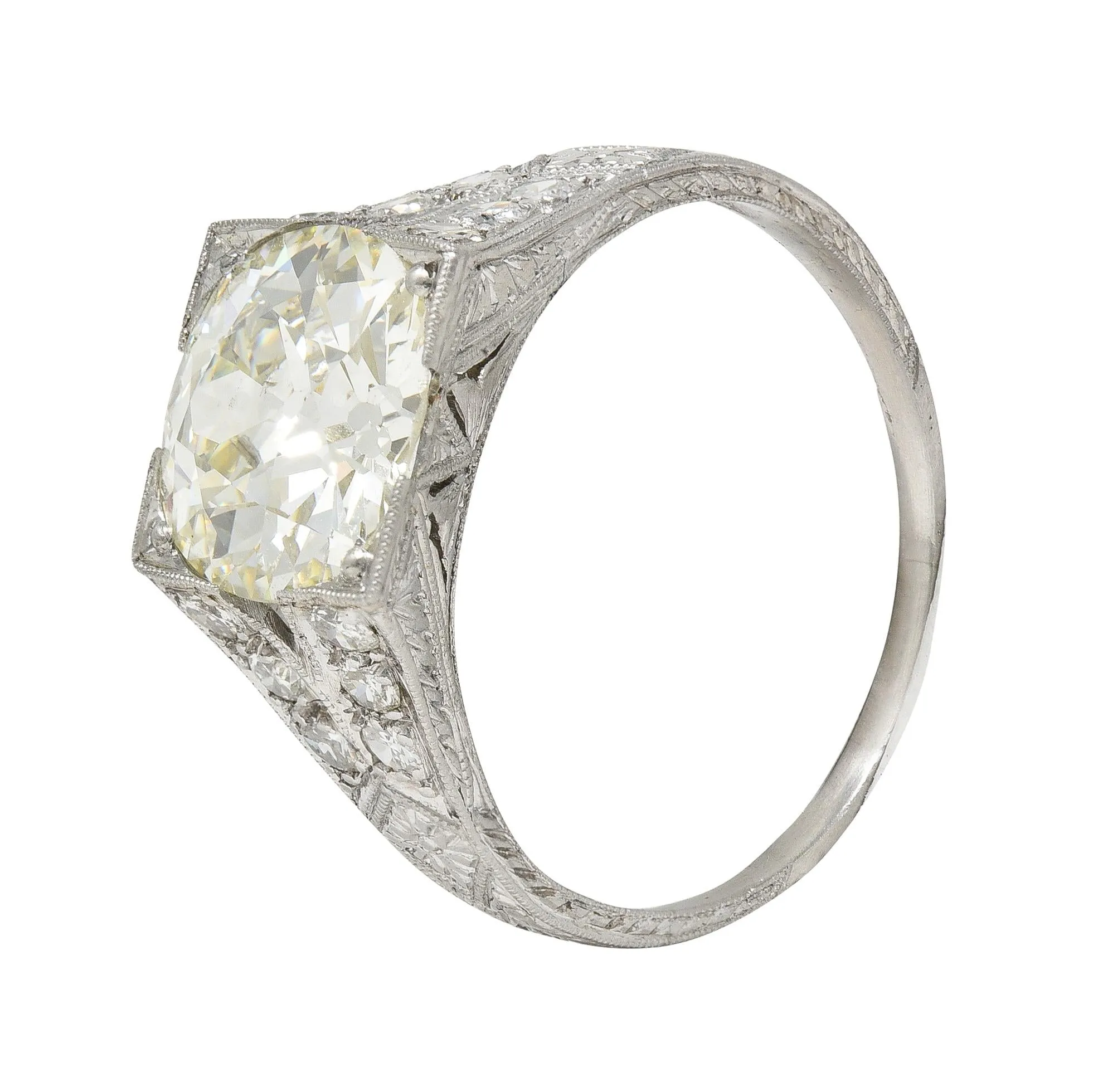 Art Deco 3.45 CTW Old European Cut Diamond Platinum Wheat Vintage Engagement Ring GIA