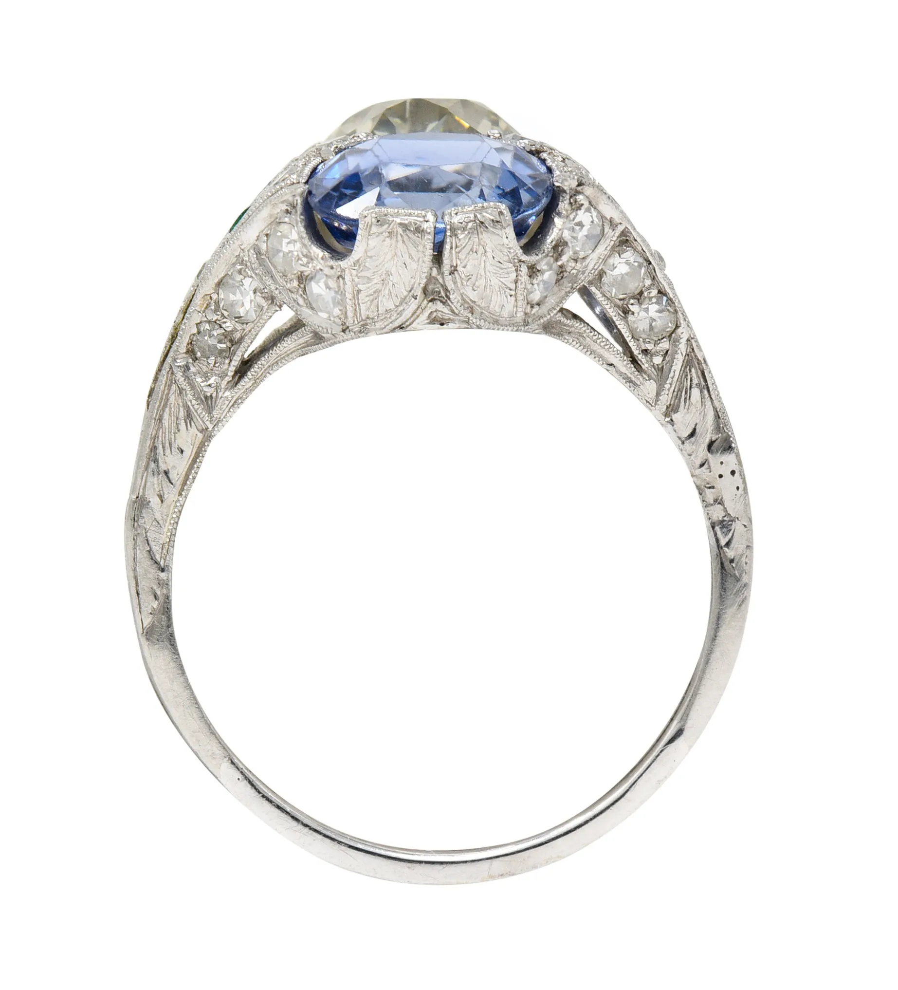 Art Deco 3.87 CTW Old European Cut Diamond Sapphire Emerald Platinum Toi-Et-Moi Vintage Alternative Dinner Ring GIA