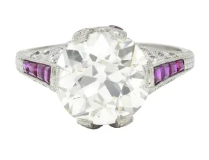 Art Deco 6.43 CTW Old European Diamond Ruby Platinum X Engagement Ring GIA
