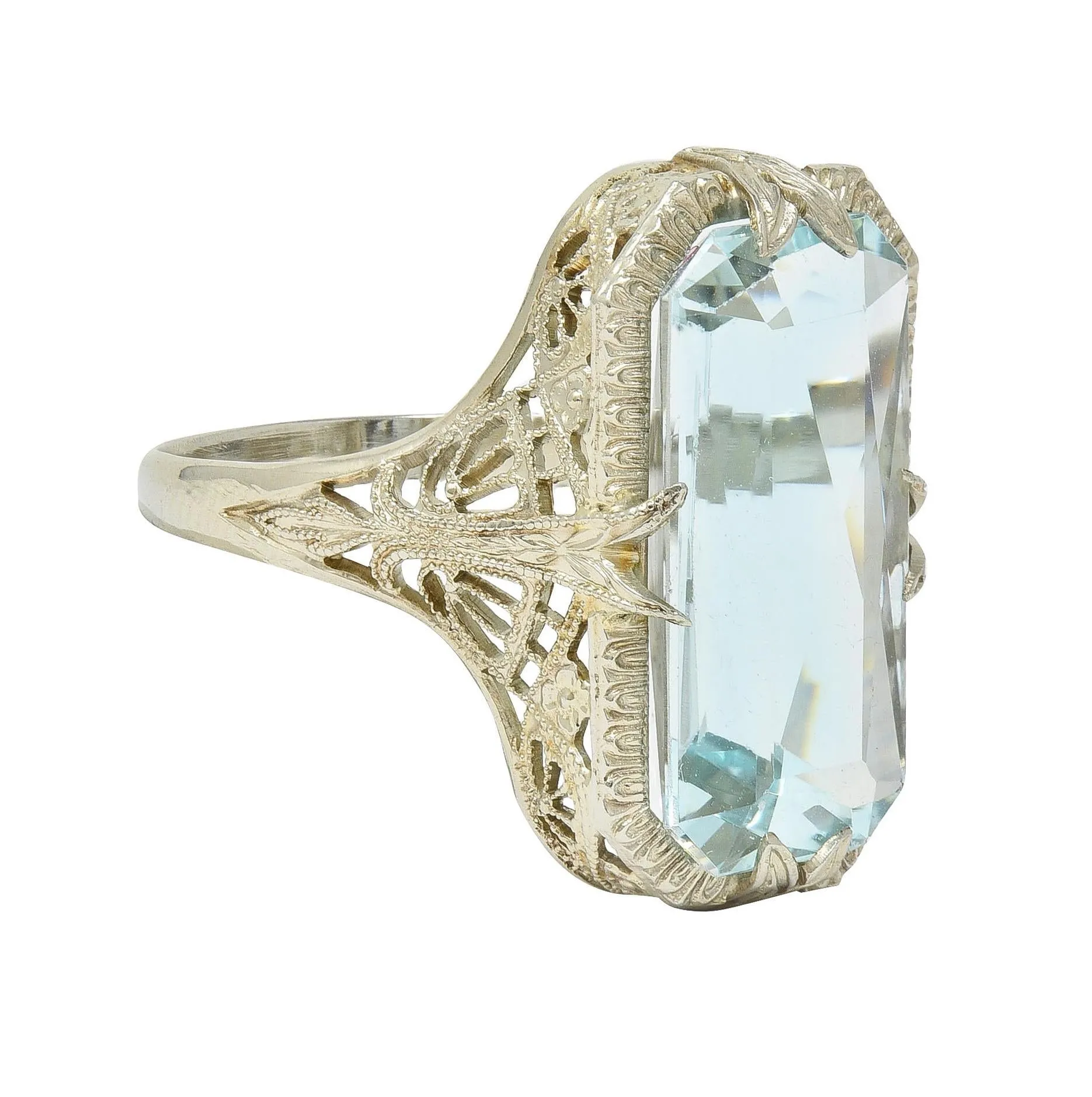 Art Deco 6.74 CTW Aquamarine 14 Karat White Gold Filigree Antique Dinner Ring