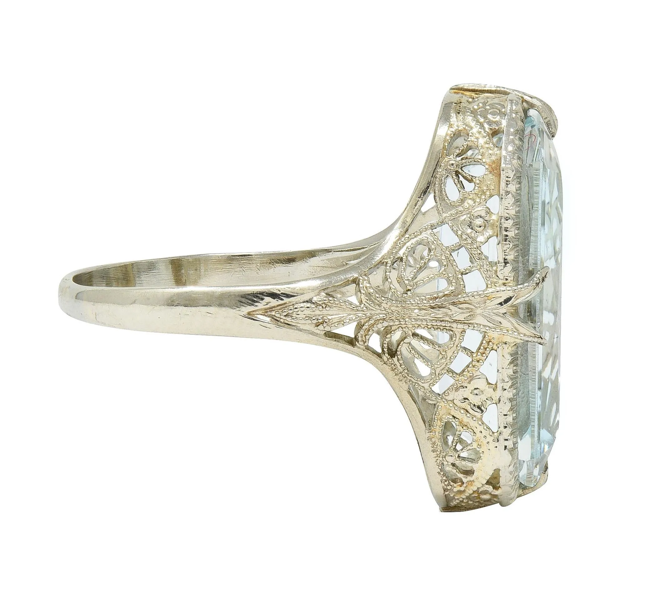 Art Deco 6.74 CTW Aquamarine 14 Karat White Gold Filigree Antique Dinner Ring