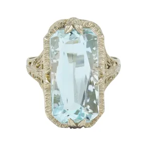 Art Deco 6.74 CTW Aquamarine 14 Karat White Gold Filigree Antique Dinner Ring