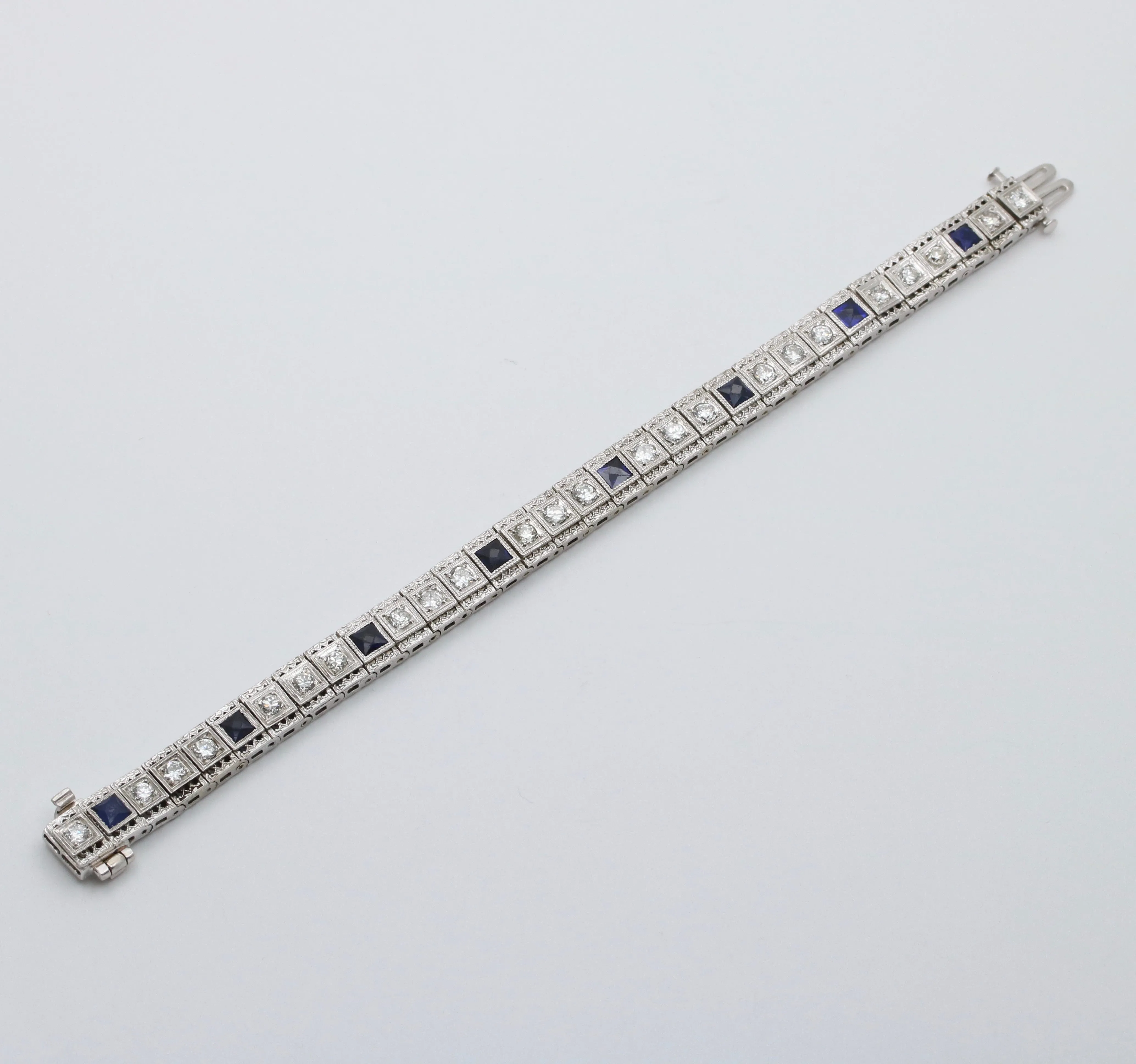 Art Deco Diamond and Man-Made Sapphire 14K White Gold Bracelet