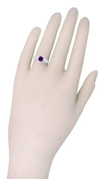 Art Deco Engraved Filigree 1 Carat Amethyst Engagement Ring in 14 Karat White Gold
